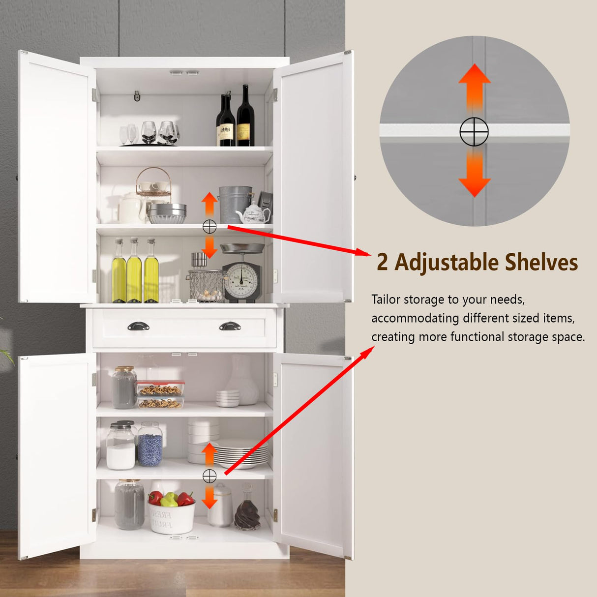 GOAWGO 72" White Freestanding Kitchen Pantry Cabinet with Adjustable Shelves and Drawer GOAWGO