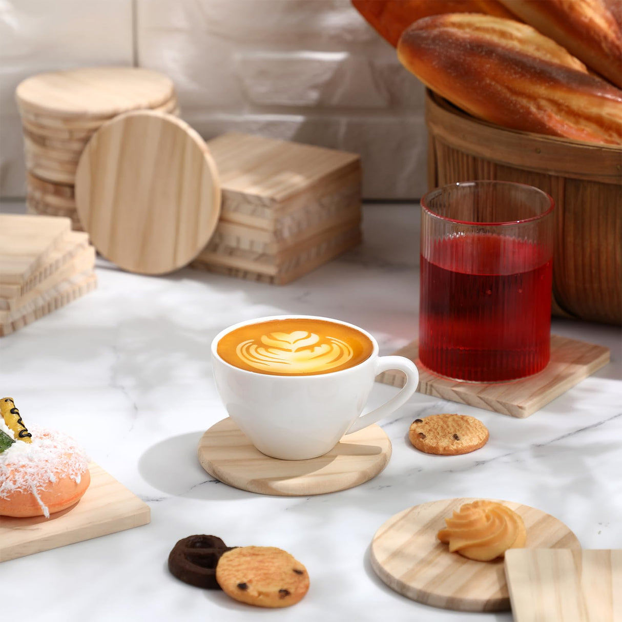 Hushee 72 Pcs Unfinished Wood Coasters 4 Inch Blank Wooden Coasters for Crafts with Non Slip Foam Pad Stickers Wooden Craft Coasters for DIY Stained Hushee