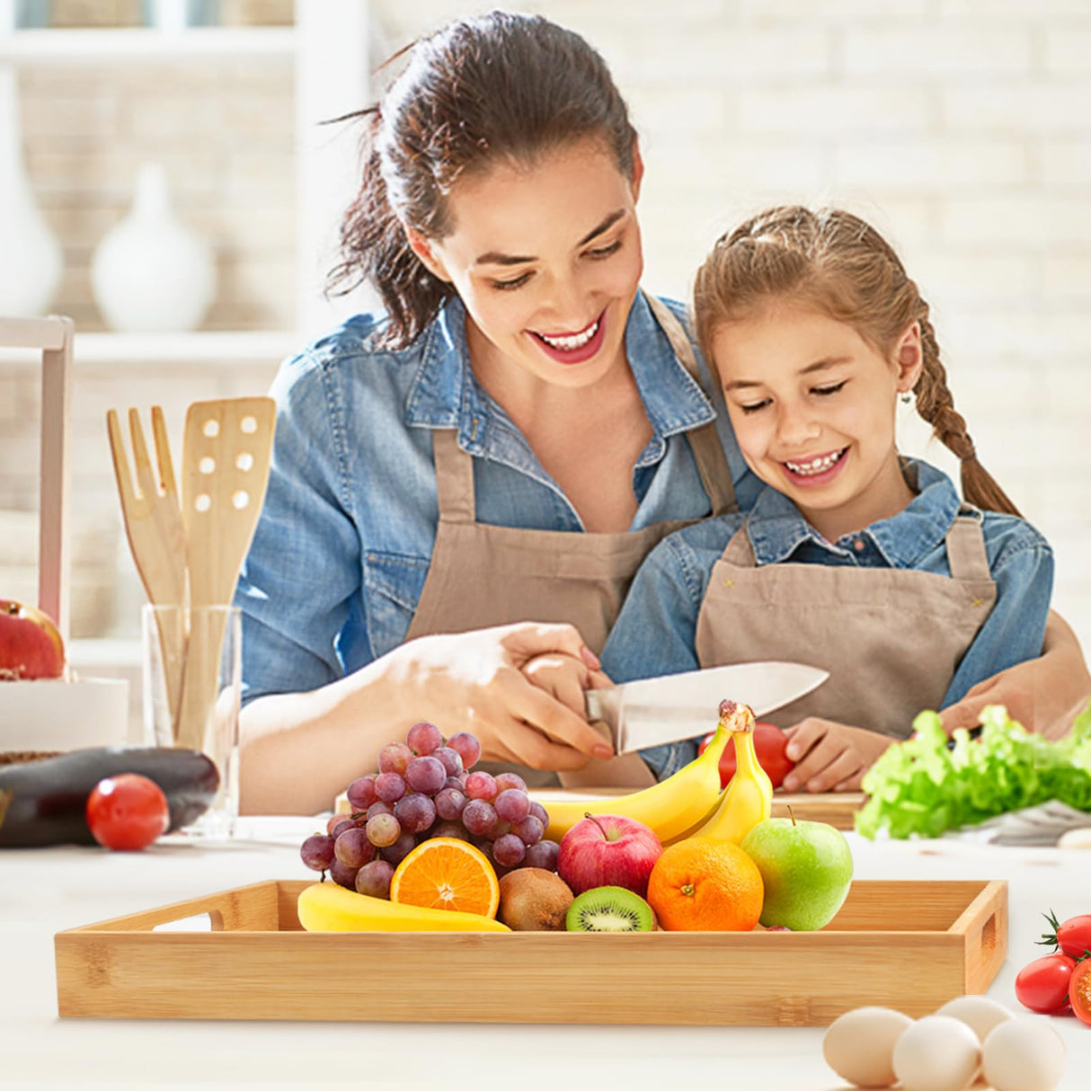 Krimax Serving Tray with Handles, Bamboo Breakfast Tray Wooden Trays Decorative Serving Platter for Eating, Working, Storing, Used in Bedroom, Krismax