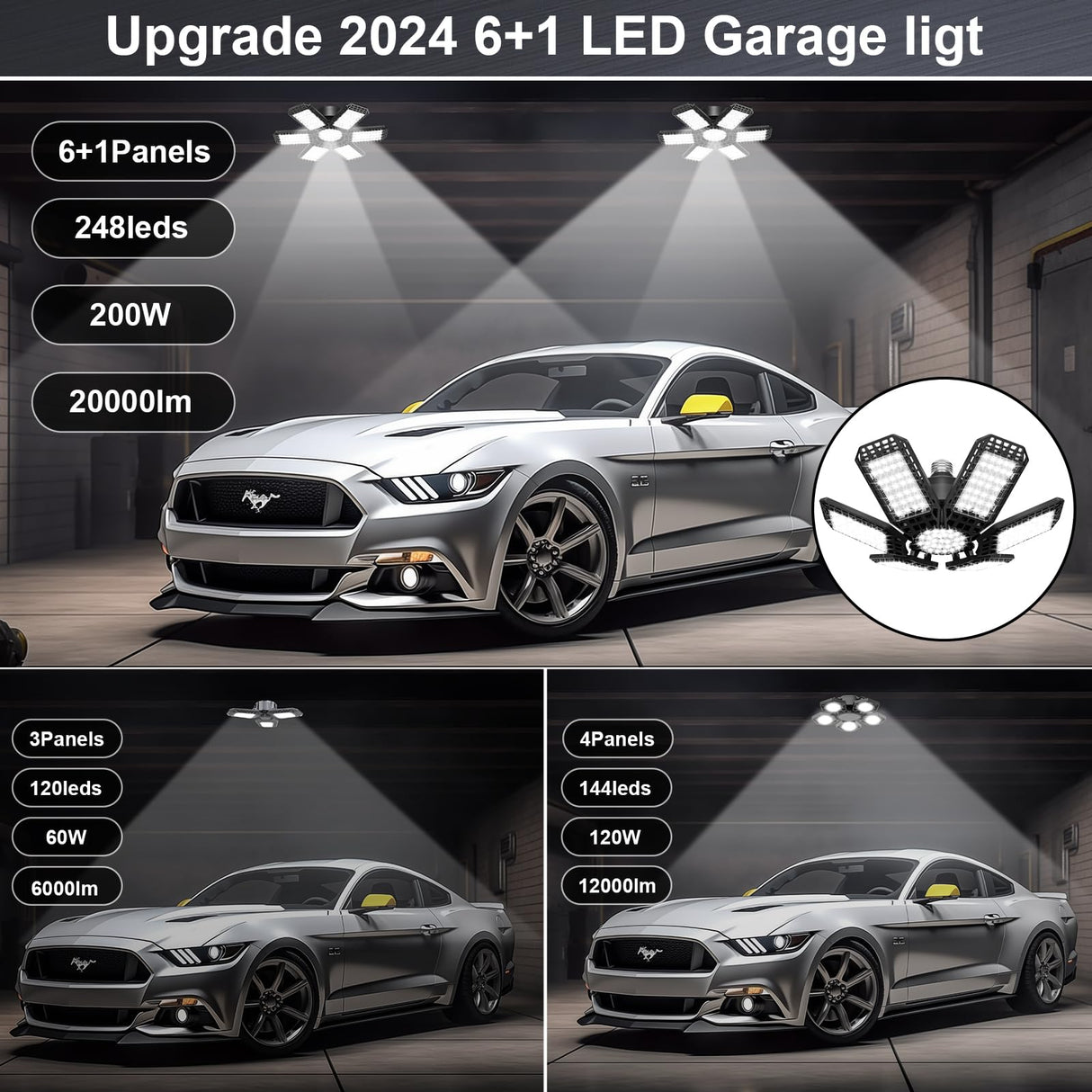 2 Pack LED Garage Light, 200W LED Shop Light, E26/E27 Garage Lights Super Bright Deformable LED Garage Ceiling Light with 6+1 Adjustable Panels XILLUMI CORE