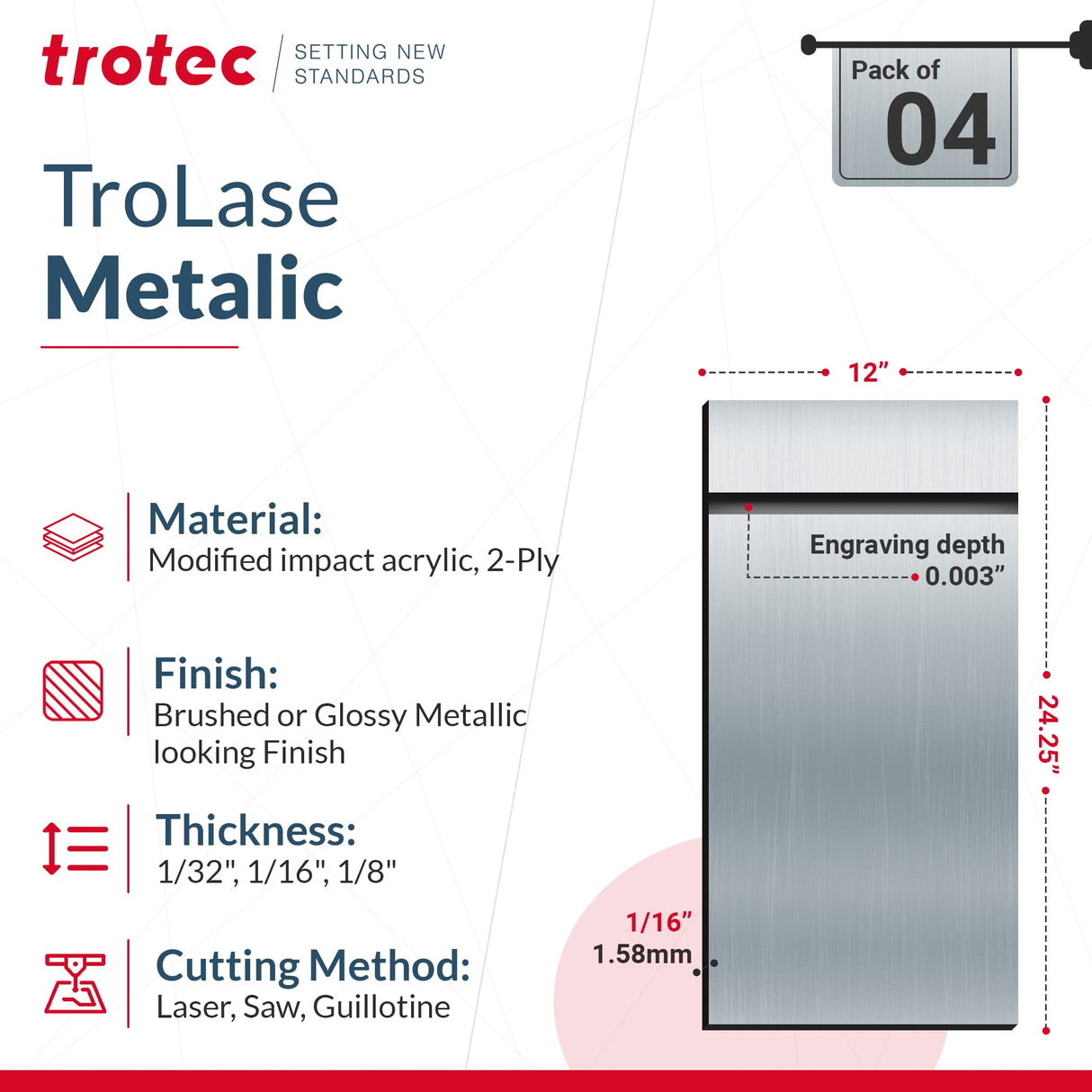 Trotec | Metallic Looking Acrylic Sheet | 4 Pcs | Brushed Silver/Black | 12"x24.25"x1/16" | Metallic Finish - Scratch Resistant for Laser Engraving & TROTEC