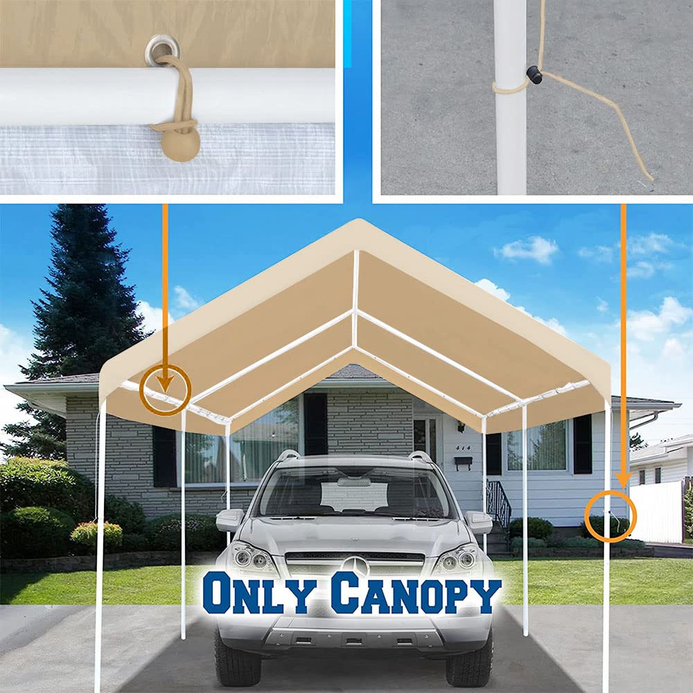 Rutile 12'x20' Carport Canopy ONLY Tent Garage Replacement Top Tarp Car Shelter Cover w/Ball Bungees Beige (Only Top Cover, Frame is not Included) WoodArtSupply