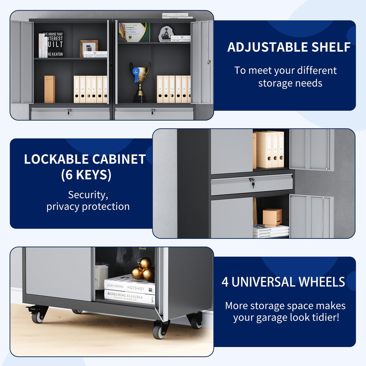 Yizosh Metal Garage Storage Cabinet with Locking Doors and Adjustable Shelves, Rolling Tool Storage Cabinet with 4 Wheels and 1 Drawer - 73" Steel Yizosh