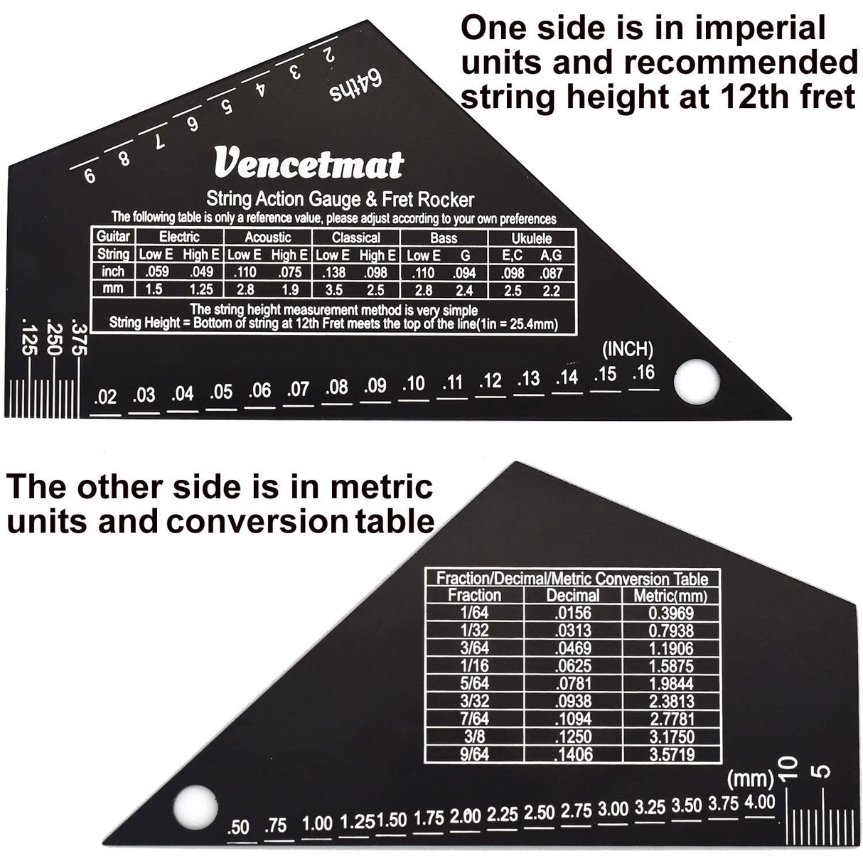 Vencetmat Guitar String Action Gauge, String Height Ruler, Guitar Fret Rocker, Fret Leveling Guide, Buzzing Fret Catcher, 1mm Thickness, Laser VENCETMAT