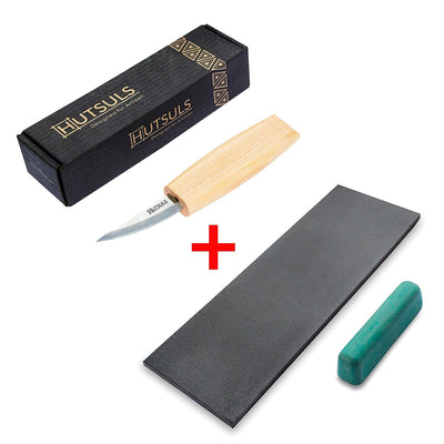 Hutsuls Sloyd Whittling Knife 6.5 in and HUTSULS Premium Black Leather Strop 3 x 8 in 4.0 mm Polishing Compound 1 oz Bundle