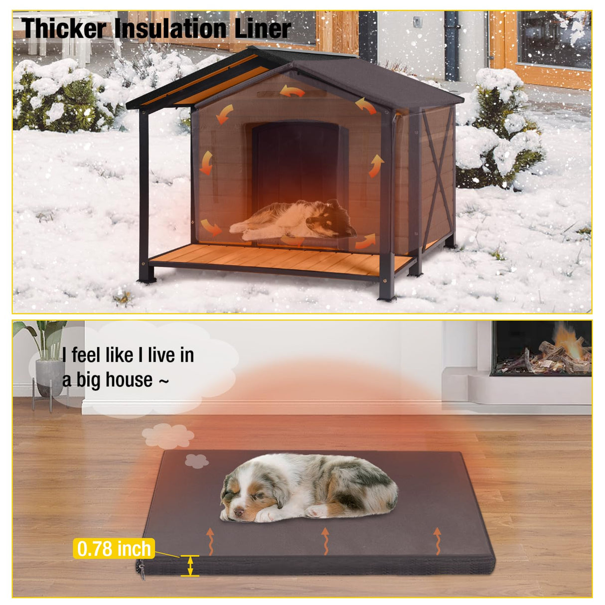 Aivituvin Dog House with Insulated Liner Outdoor All-Around Iron Frame Dog Kennel Outside with Overhang Roof Large Porch Weatherproof Aivituvin
