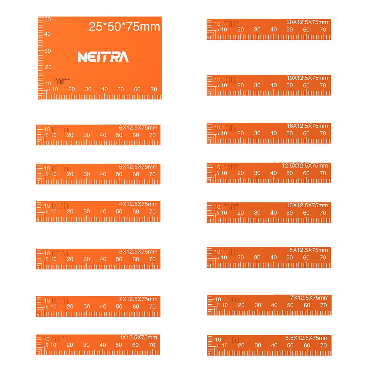 Neitra Metric Setup Blocks - 15 PCS Aluminum Height Precision Measuring Blocks Set for Table Saw, Router and Jig Saw with Storage Case, Orange Neitra