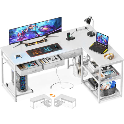 AODK 53 Inch Reversible L Shaped Desk with USB Ports & Fabric Drawers for Home Office & Gaming