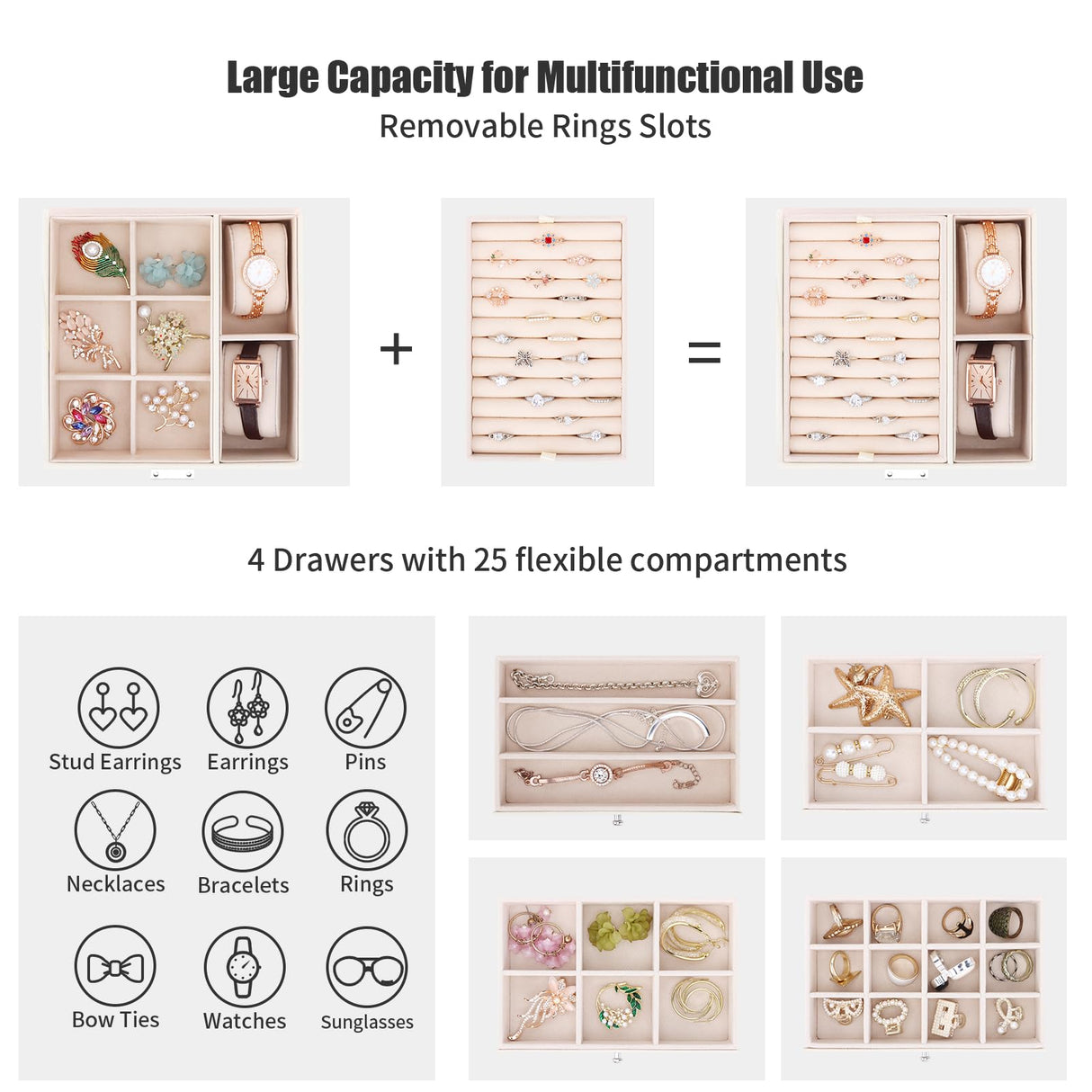 DesignSter Jewelry Organizer Box, 5 Layers Jewelry Box with side compartment, Large Leather Jewelry Storage Case With Mirror For Necklaces Earrings DesignSter