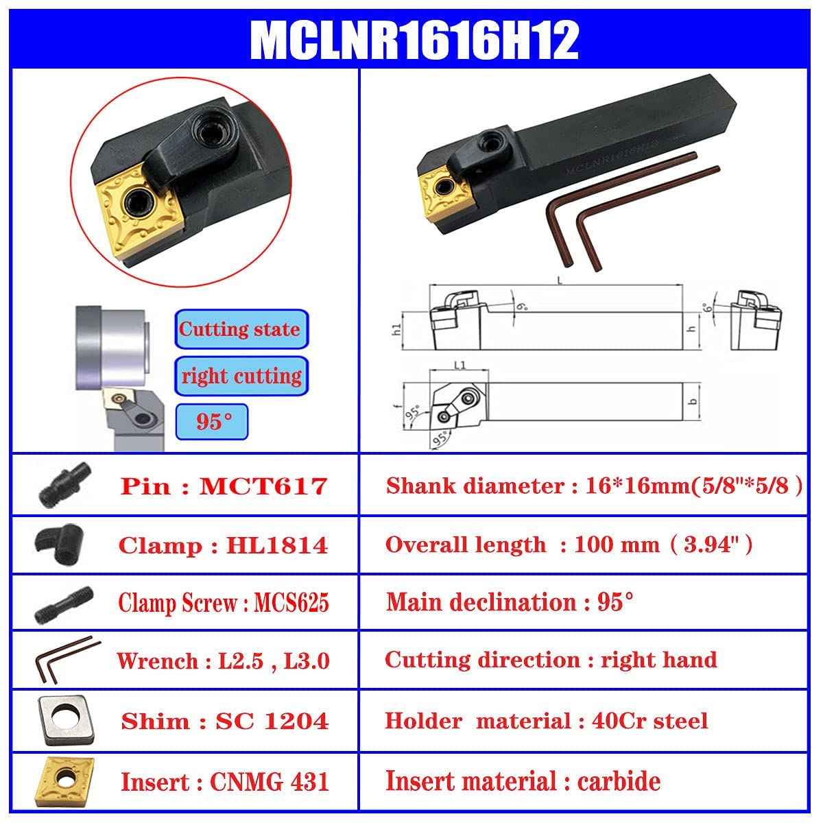 3PCS 5/8" CNC Lathe Excircle Indexable Carbide Turning Tool Holder Bit Set MTJNR1616H16 + MWLNR1616H08 + MCLNR1616H12 with 3pcs wnmg431, cnmg431, CK-CNC