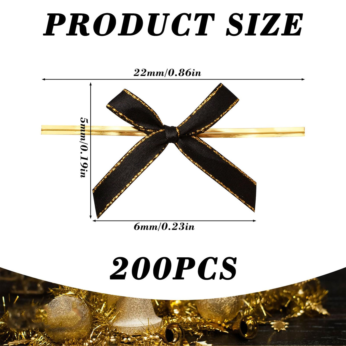 WANDIC Black Small Bows, 200Pcs Satin Twist Tie Bows with Golden Lace Christmas Halloween Mini Bow Pretied Bows for Gift Package Craft Candy Cookie WANDIC