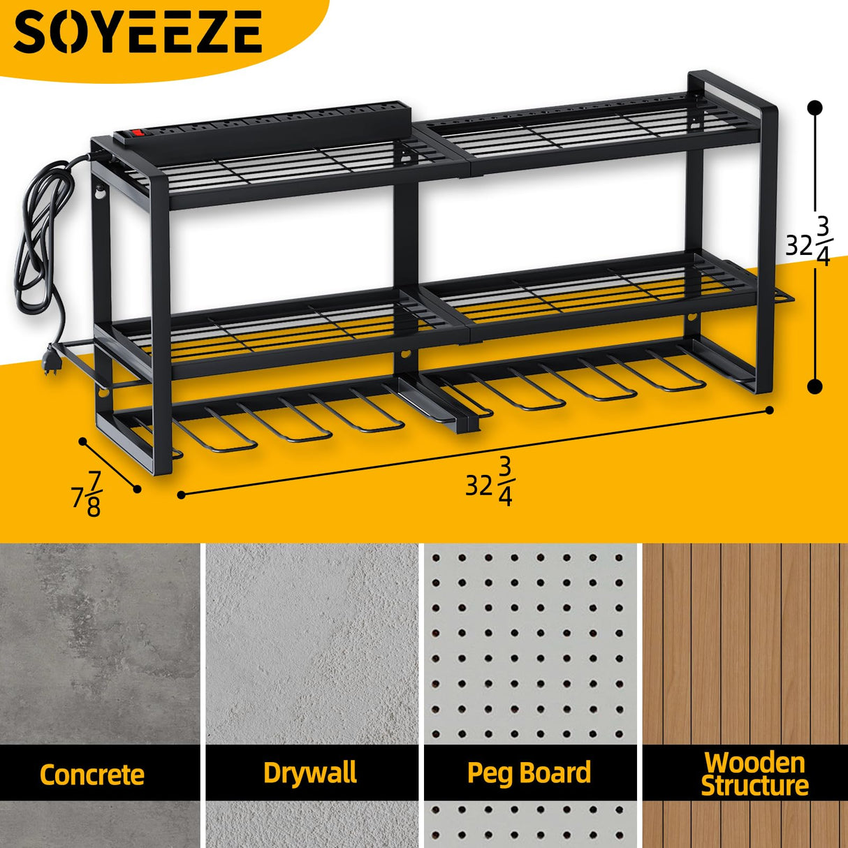 SOYEEZE Power Tool Organizer with Charging Station- Garage 8 Drill Holder Built in 8 Outlet Power Strip (DRILLDOCK PRO) SOYEEZE