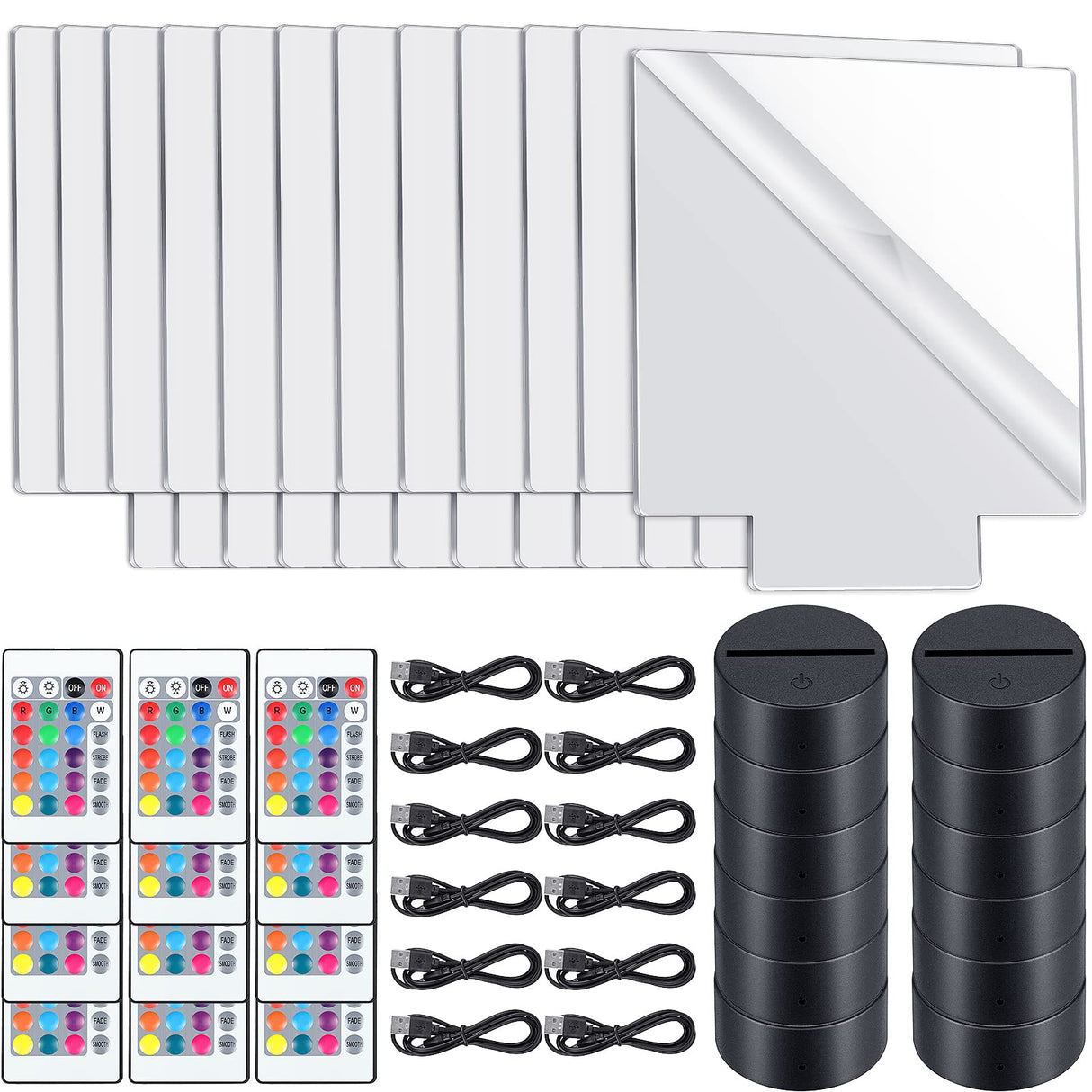 Riakrum 12 Pieces LED Light Base with Clear Acrylic Sheet 3D Night LED Lamp Display Base 16 Colors and 4 Modes Remote Control USB Cable for DIY Craft Riakrum