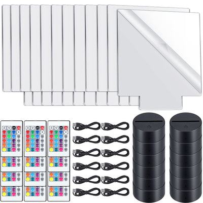 Riakrum 12 Pieces LED Light Base with Clear Acrylic Sheet 3D Night LED Lamp Display Base 16 Colors and 4 Modes Remote Control USB Cable for DIY Craft