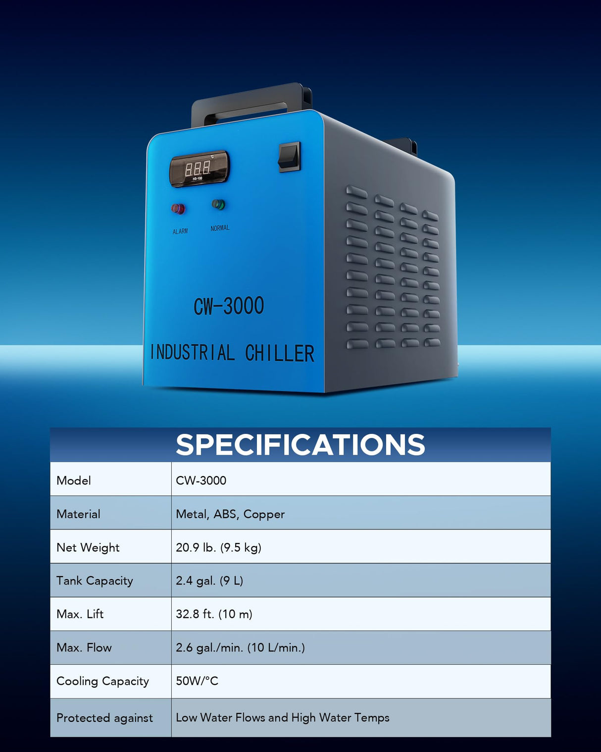 OMTECH 9L Industrial Water Chiller 2.6gpm CW-3000 Water Cooler for 40W K40 CO2 Laser Engraving & Cutting Machines, Water Cooling System Radiates 50W OMTech