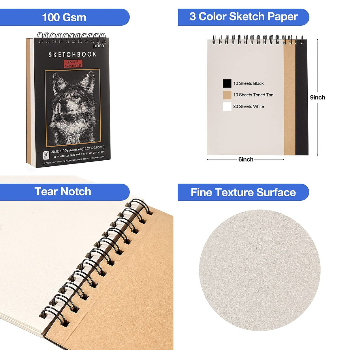 Prina 50 Pack Drawing Set Sketch Kit, Pro Art Sketching Supplies with 3-Color Sketchbook, Graphite, and Charcoal Pencils for Artists Adults Teens PRINA