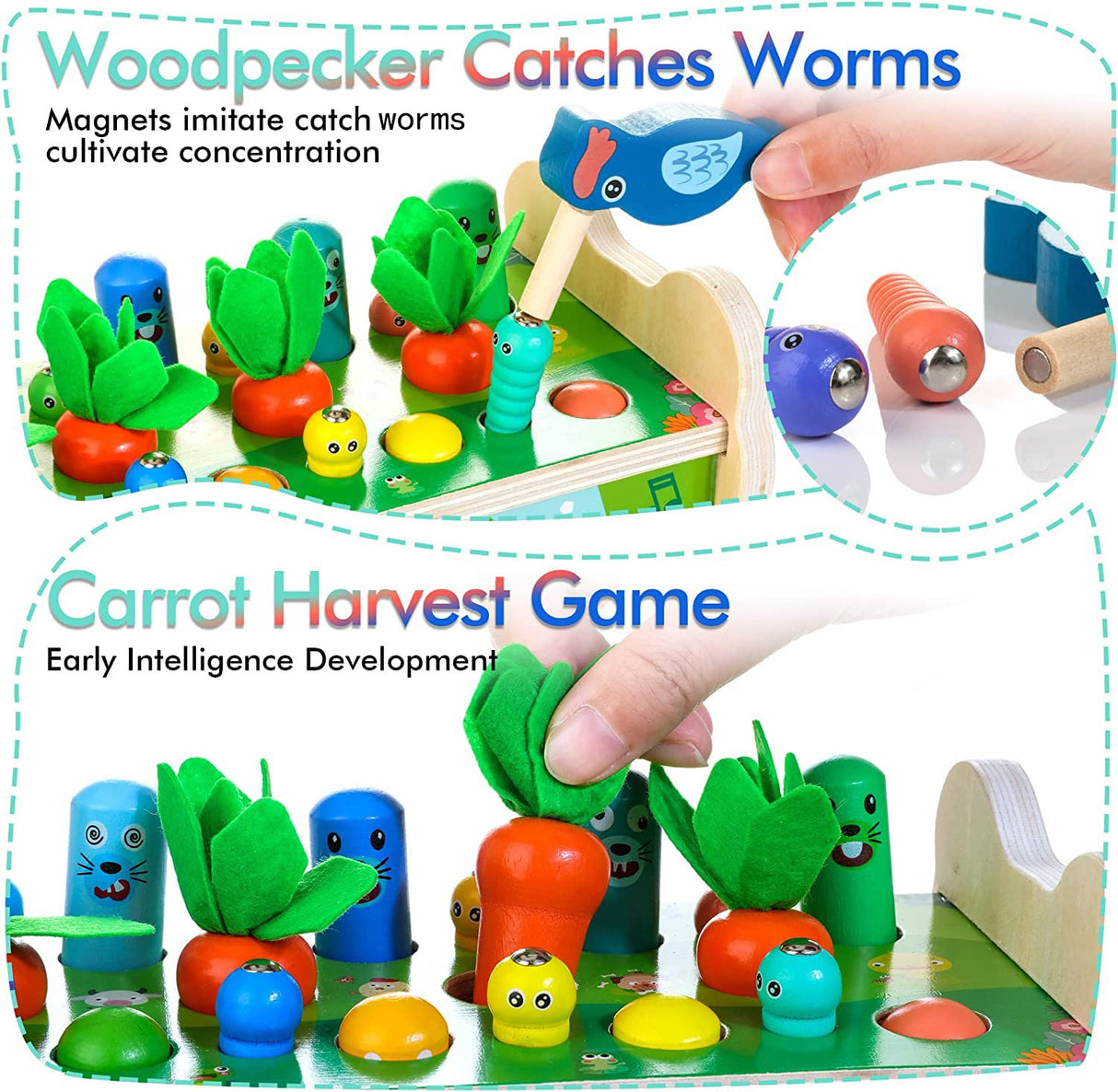 6 in 1 Wooden Montessori Toys for 1 Year Old Whack a Mole Game Hammering Pounding Toy with Xylophone Carrot Harvest Game Learning Developmental Toys Amtreen