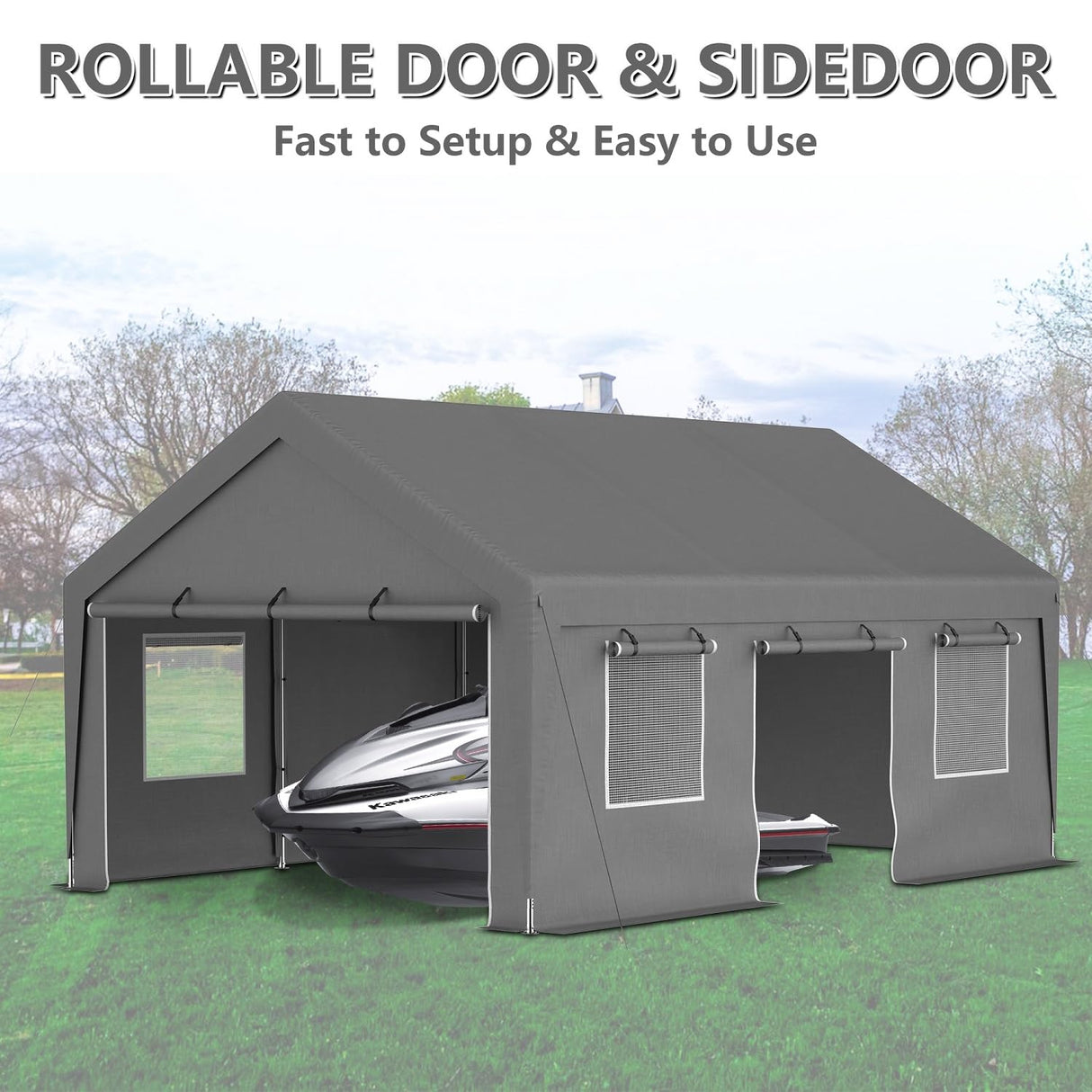 DetalleGo Carport, 13x20 ft Heavy Duty Carport Canopy with Removable Sidewalls and Doors, Portable Garage with Roll-up Ventilated Windows Storage DetalleGo
