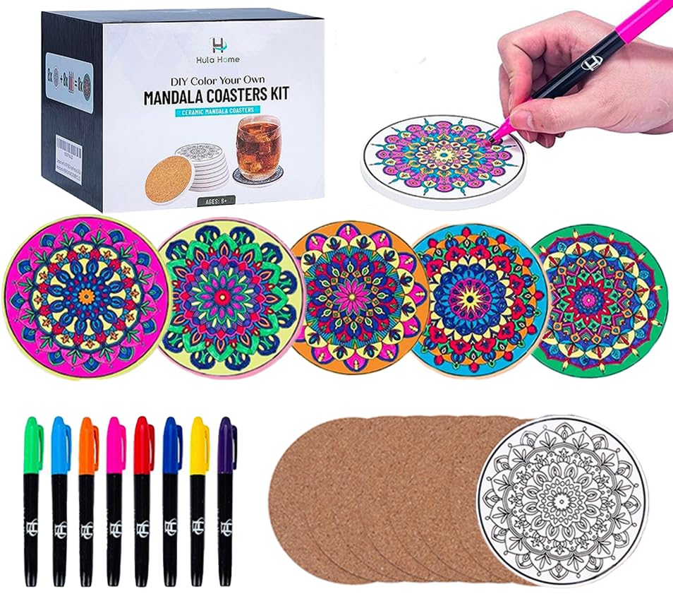 Hula Home Color Your Own Coaster Mandalas w/Markers | 8 Absorbent Ceramic Tiles w/Cork Base | Gift Arts and Crafts DIY Kit for Adults, Hobby, Teens, Hula Home