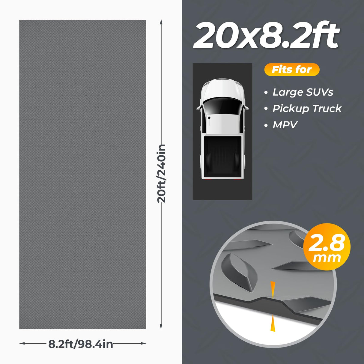 8.2 x 20 FT Garage Floor Mat, 2.8mm Thickness Diamond Plate Vinyl Garage Flooring Roll for Under Car, Large Size 164 SQFT for Large SUVs, MPV, Pickup Geemax