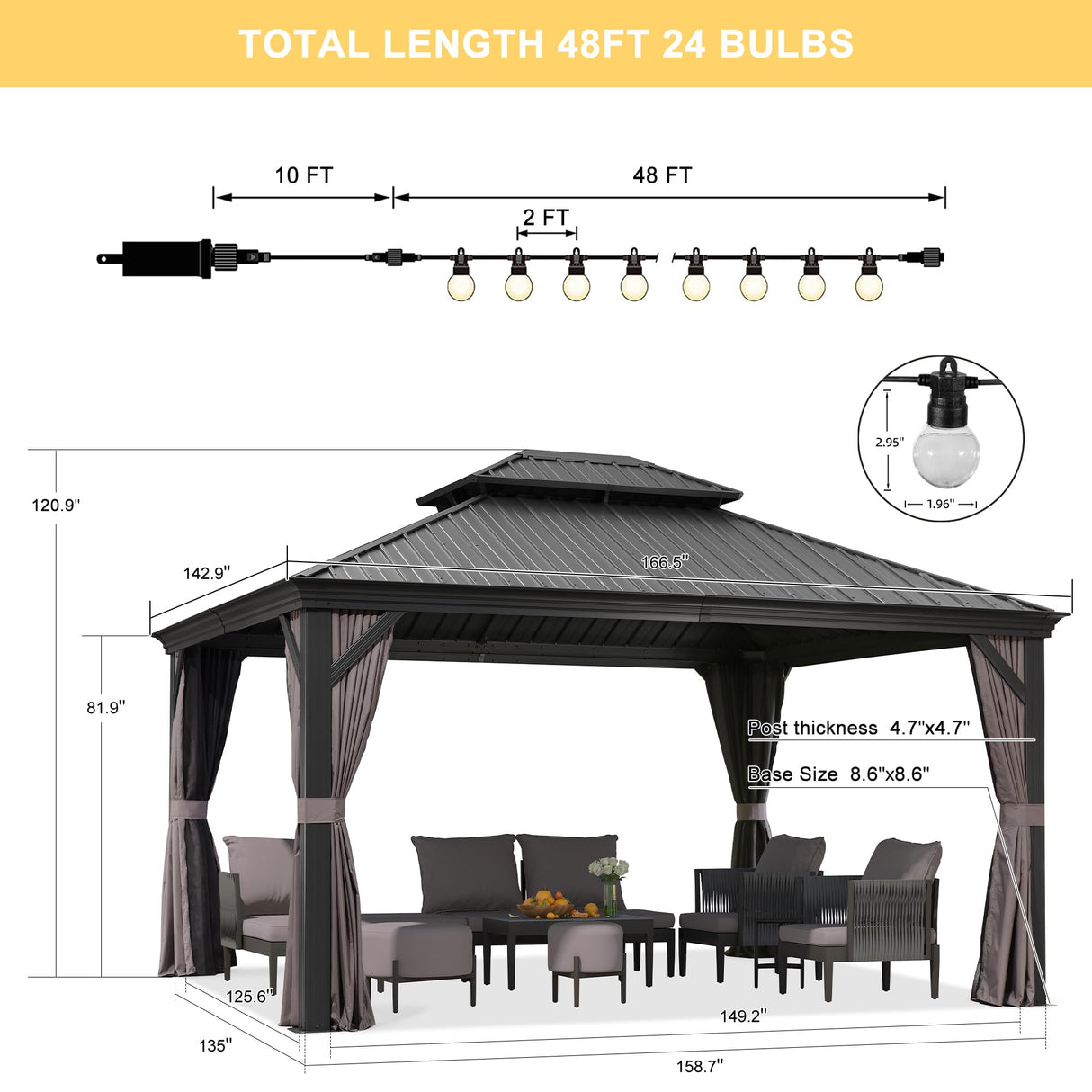 PURPLE LEAF 12' X 14' Patio Gazebo with Light Permanent Hardtop Gazebo with Metal Roof for Outdoor Lawn and Garden Grey PURPLE LEAF