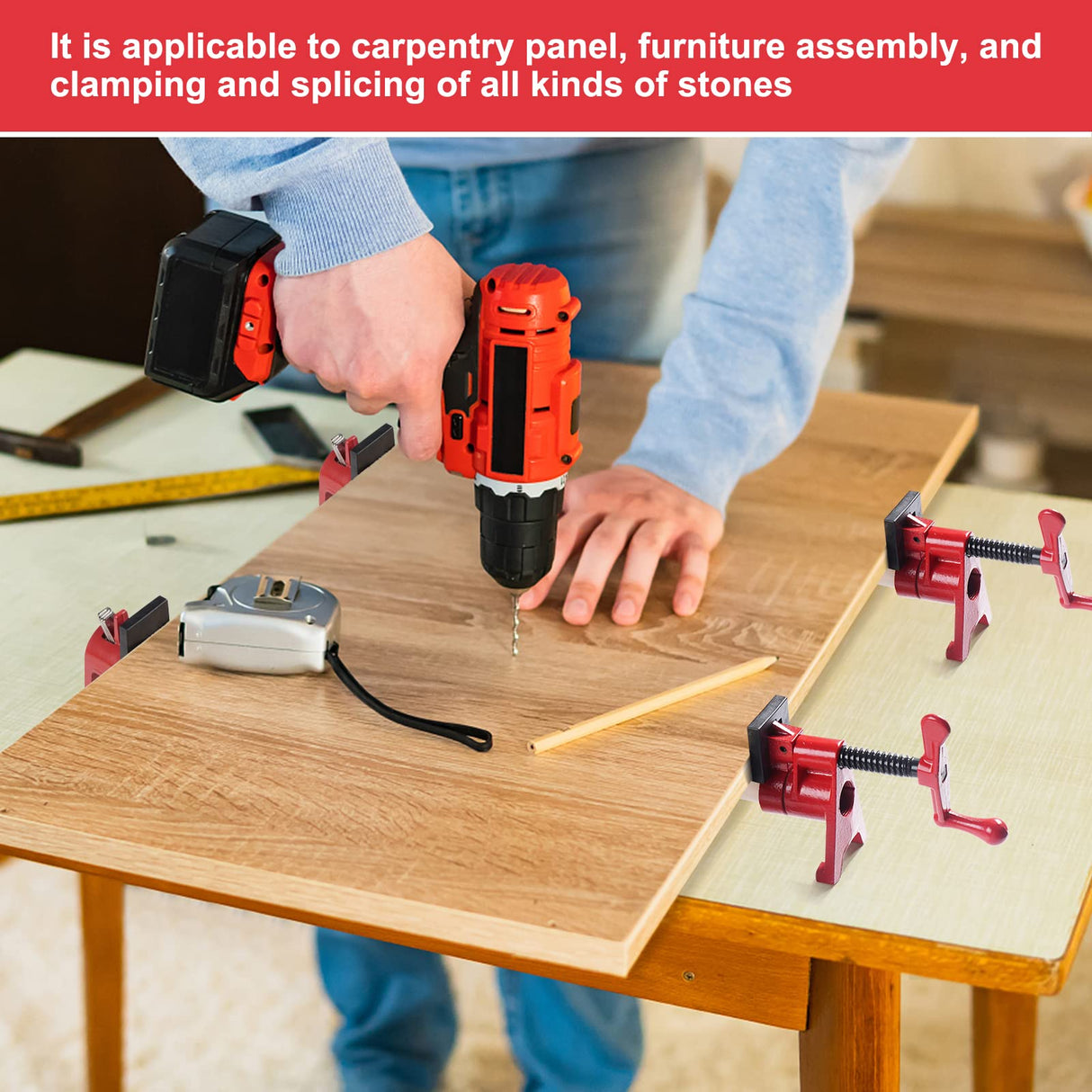 FASTORS Wood Clamps 2-Pack 3/4 Inch Pipe Clamps for Woodworking Heavy Duty with 2 Sets Pads, Install 3/4"Pipes for Use as Bar Clamps Red FASTORS