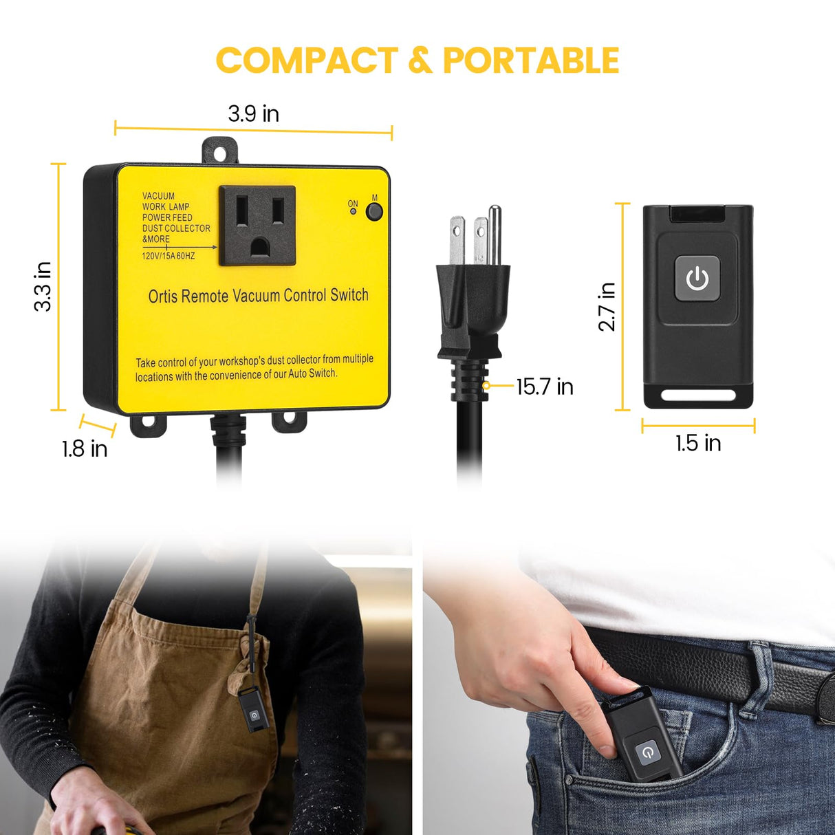 Dust Collector Remote Switch, Ortis 120V Wireless Remote Switch for Dust Collector, 328FT Wireless Range (Battery Included), Heavy Duty Design, Save Ortis