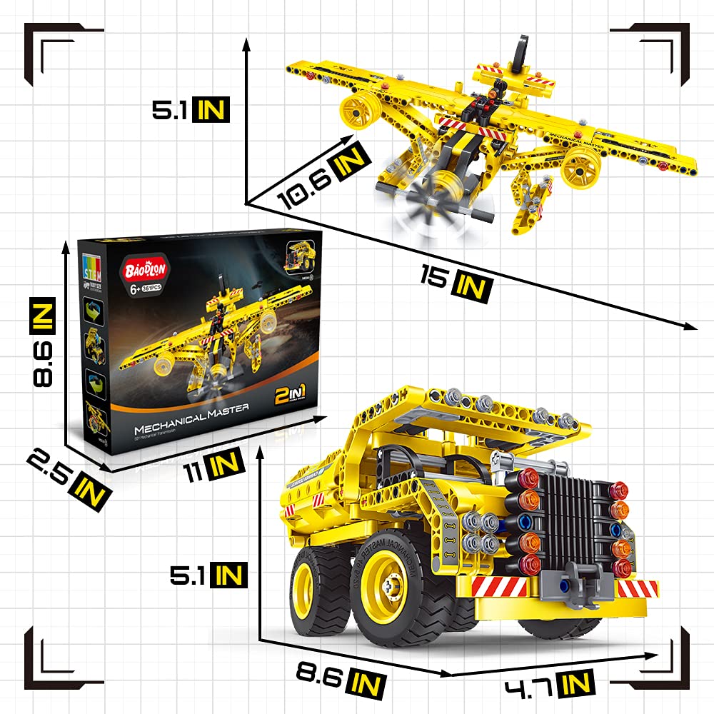STEM / Building Toy for Ages 5, 6, 7, 8, 9, 10, 11, 12 Years Old Kid, Boy, Girl - 2-in-1 Truck Airplane Take Apart Toy, 361 Pcs DIY Building Kit, BAODLON