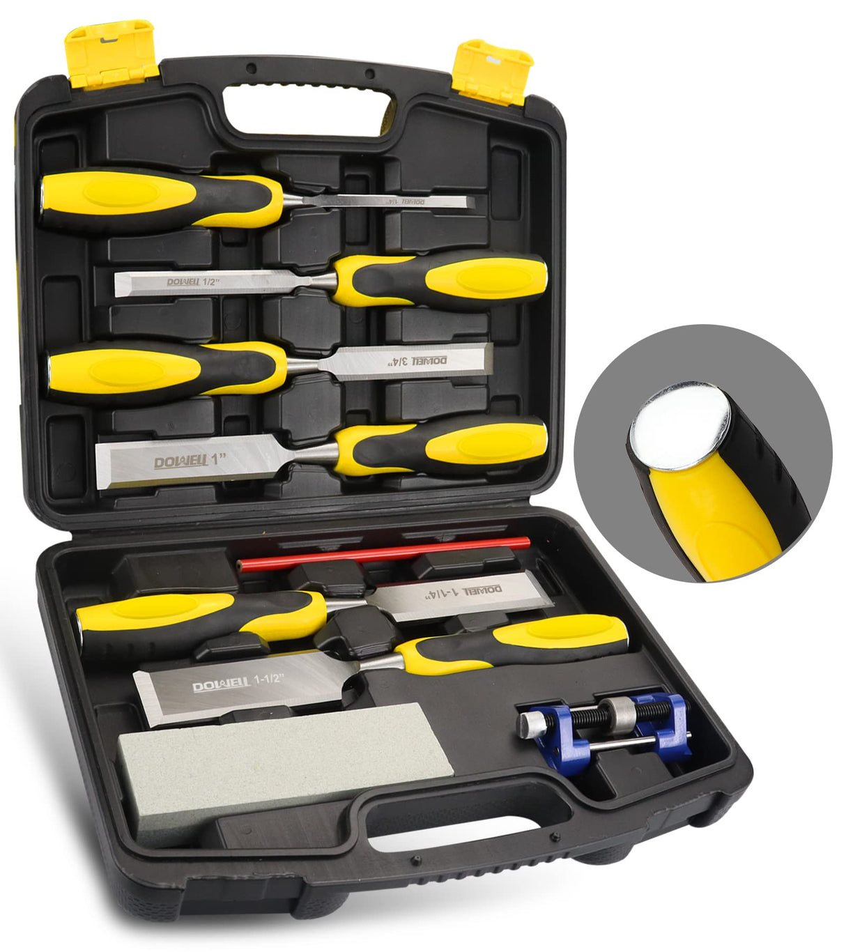 DOWELL 10PCS Wood Chisel Tool Set Sturdy Chisel, 1/4 inch,1/2 inch,3/4 inch,1 inch, 1-1/4",1-1/2",Honing Guide,Sharpening Stone with Storage Box for DOWELL