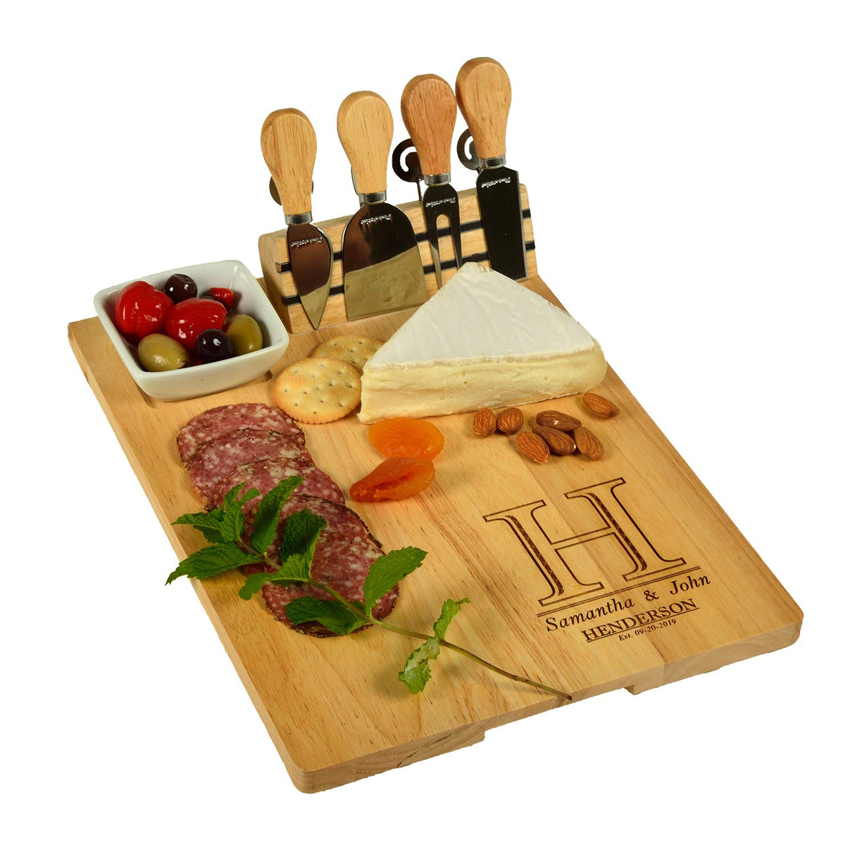 Picnic at Ascot Custom Personalized Engraved Hardwood Cutting Board with Cheese Knives, Cheese Markers & Ceramic Dish - Designed and quality Checked Picnic at Ascot