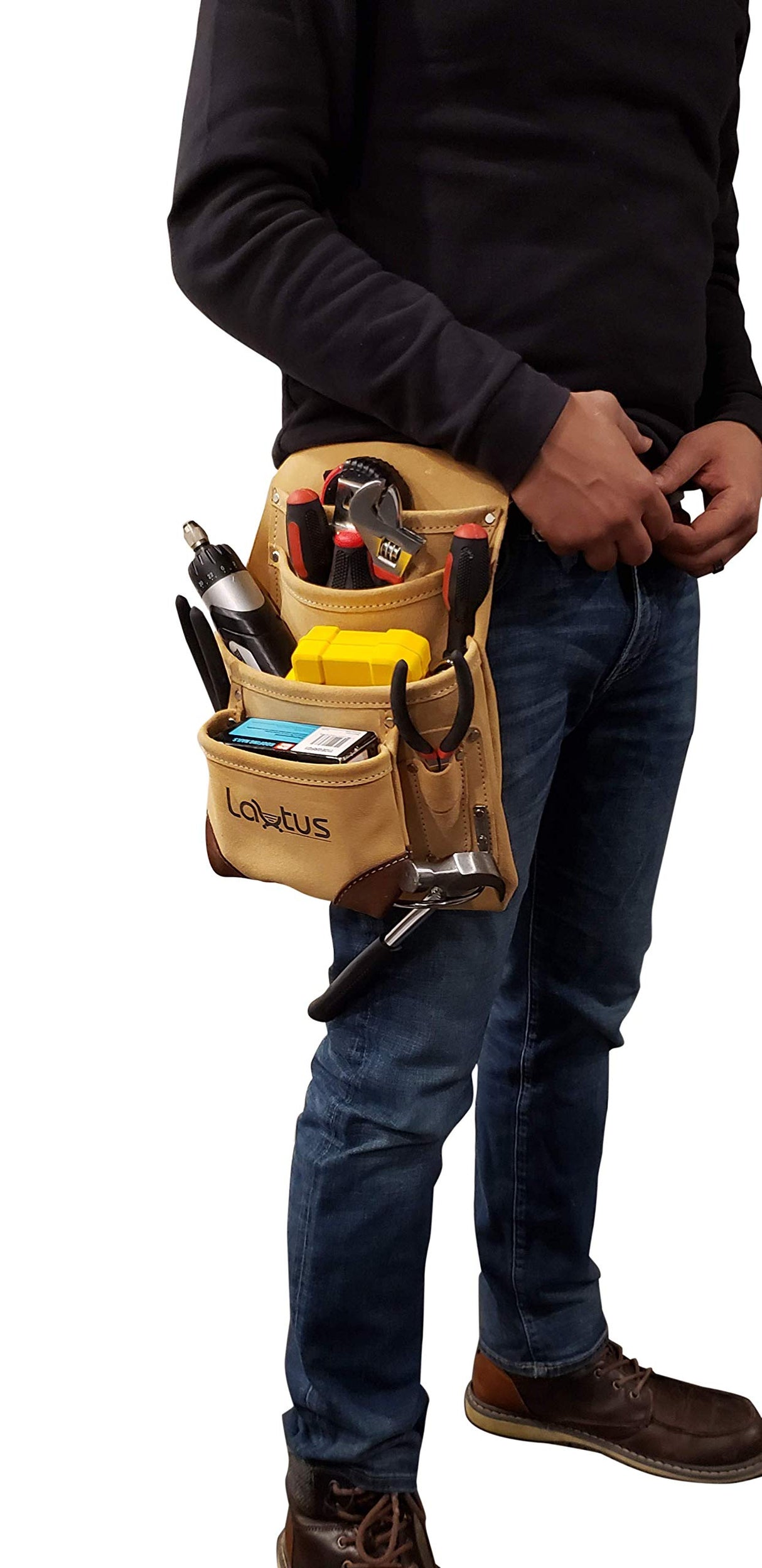 LAUTUS Leather Tool Pouch Bag |Carpenter, Construction, Framers, Handyman |2 Hammer Holders, 10 Pockets| LAUTUS