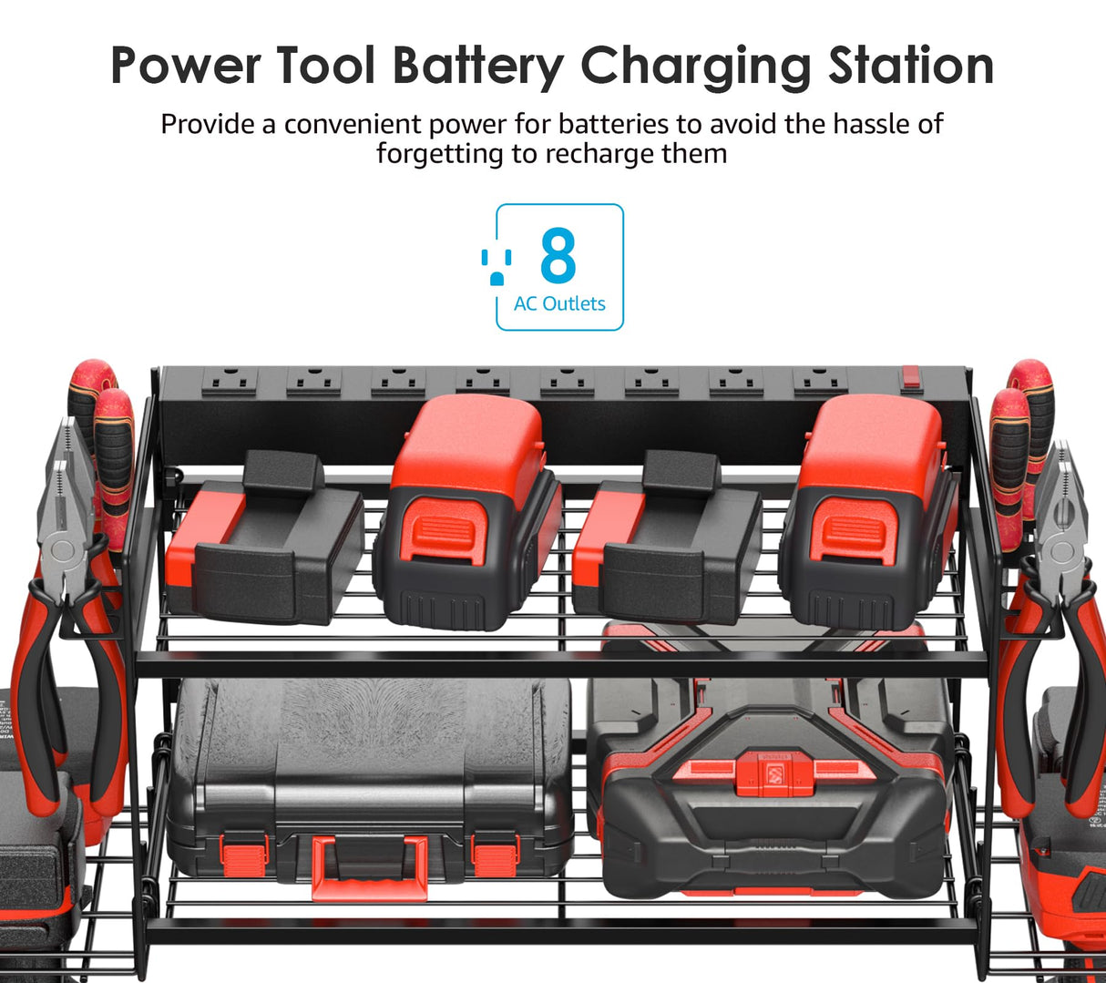 CCCEI Garage Tools Storage with Charging Station. Power Tool Battery Organizer Utility Shelf with Power Strip. 4 Drills Holder Wall Mount Rack, CCCEI