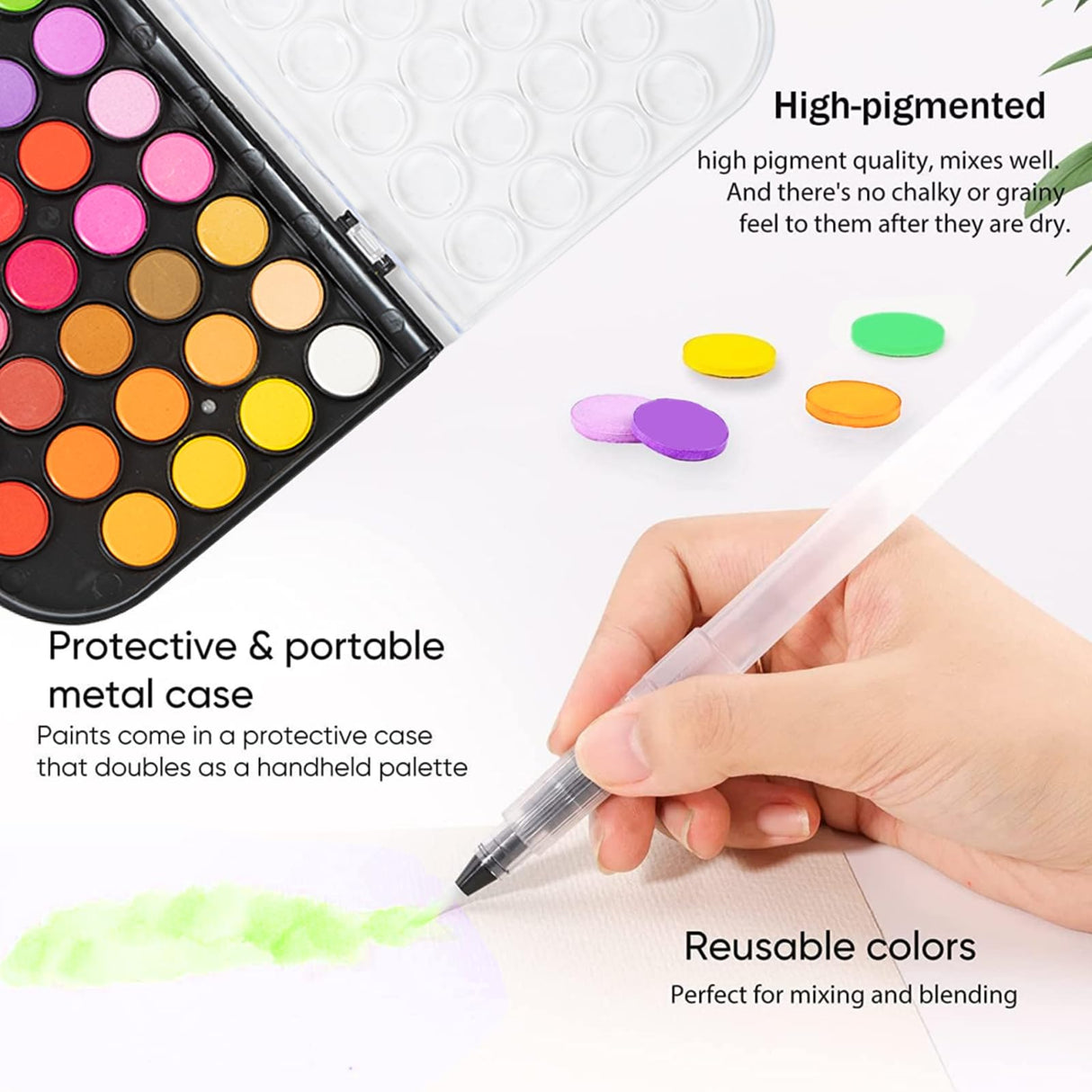 GETHPEN Watercolor Paint 48 Colors, Angular Paint Brushes Nylon Hair Angled Watercolor Pait Brush Set GETHPEN