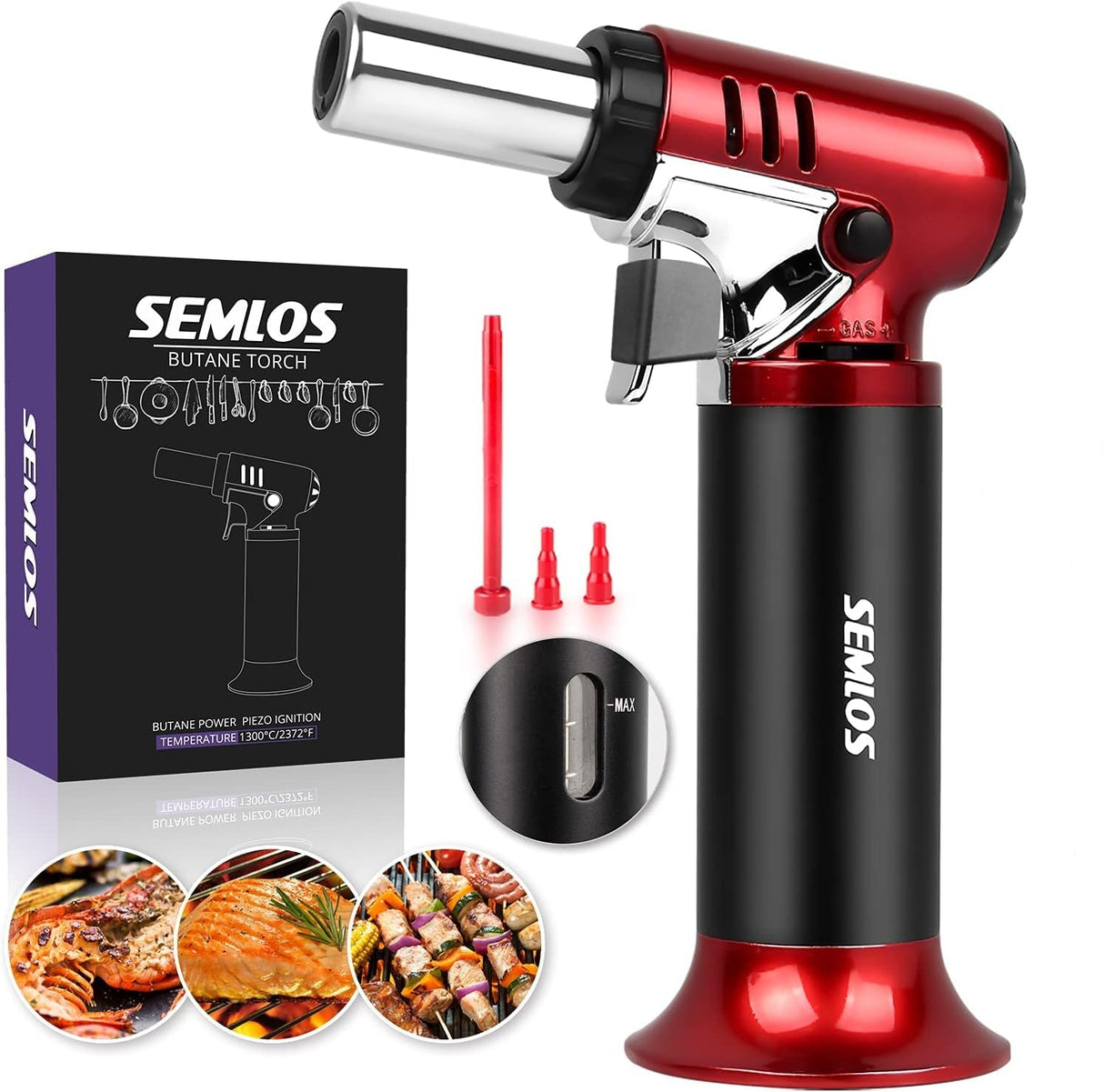 Semlos Butane Torch with Fuel Gauge, Refillable Kitchen Torch Lighter with Safety Lock and Adjustable Flame for DIY, Creme Brulee and Semlos
