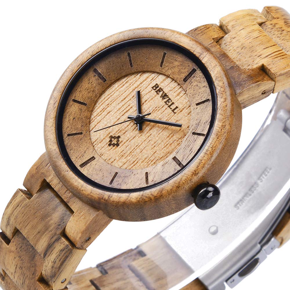 BEWELL Wood Watches for Women, Handmade Wooden Watch with Lightweight Adjustable Wood Band, Natural Casual Fashion Quartz Wristwatch BEWELL