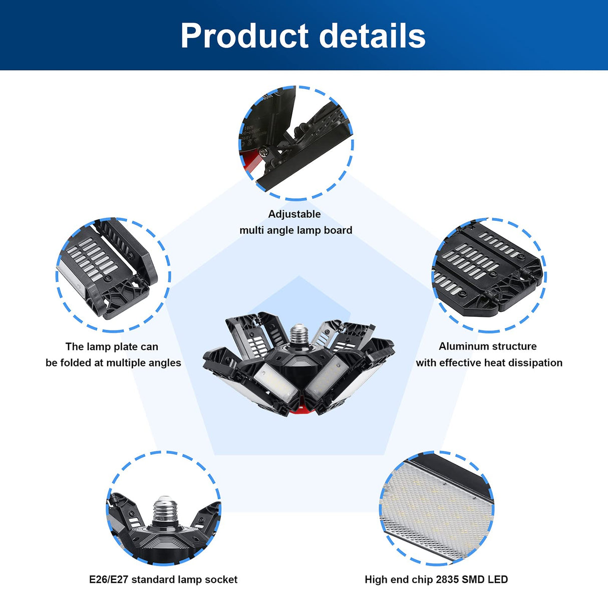 REHAVE Garage Lights Ceiling Led, 12 Panel Plug in Shop Lights with 180W 18000 LM 6500K, 12 Leaf Deformable Multi-Position , E26 E27 Base Ideal for REHAVE