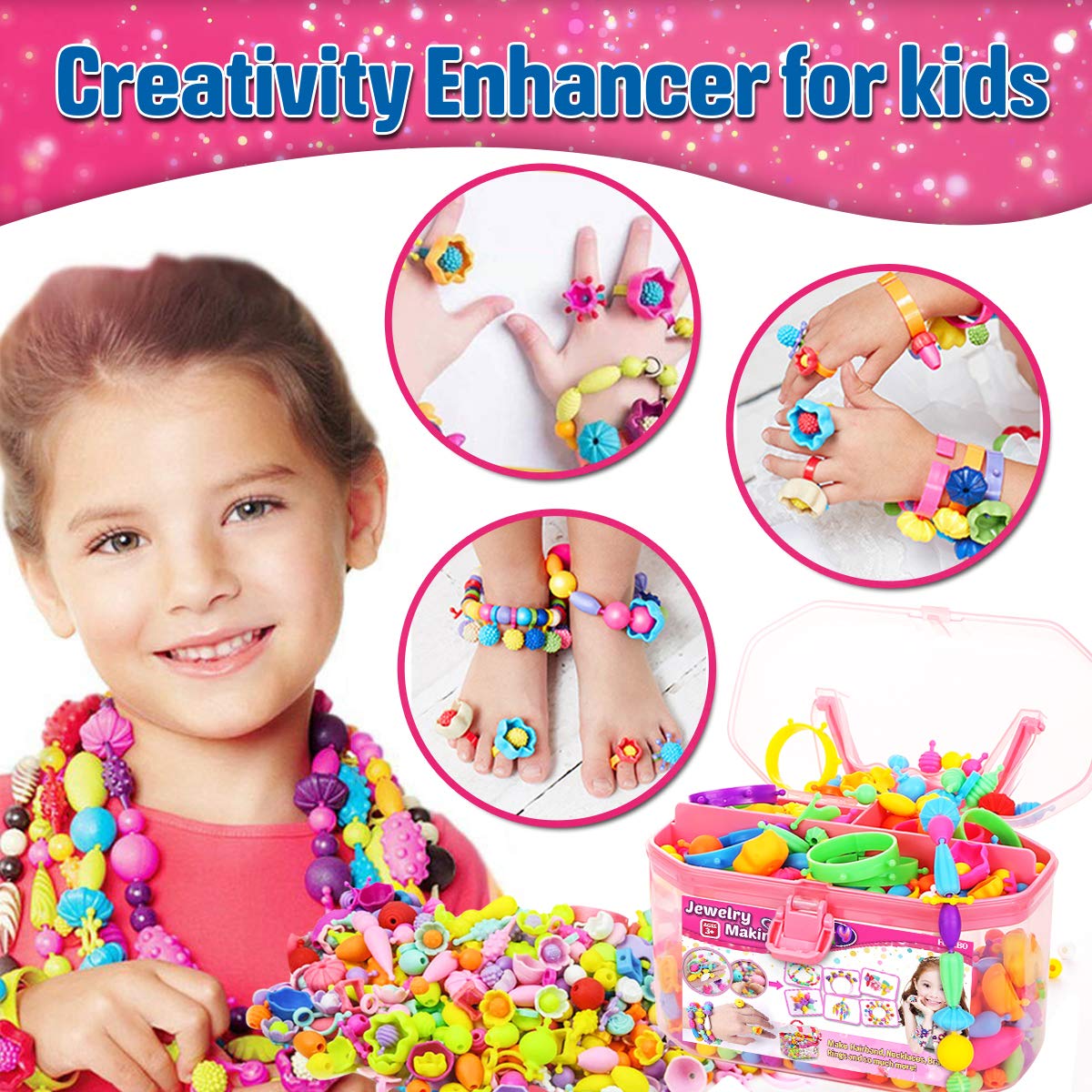 FUNZBO 620+ Snap Pop Beads Kit- Kids Jewelry Making Kit with Bracelets, Headbands & Rings, Arts and Crafts Kit, Crafts for Kids Ages 4-8, Crafts for FUNZBO