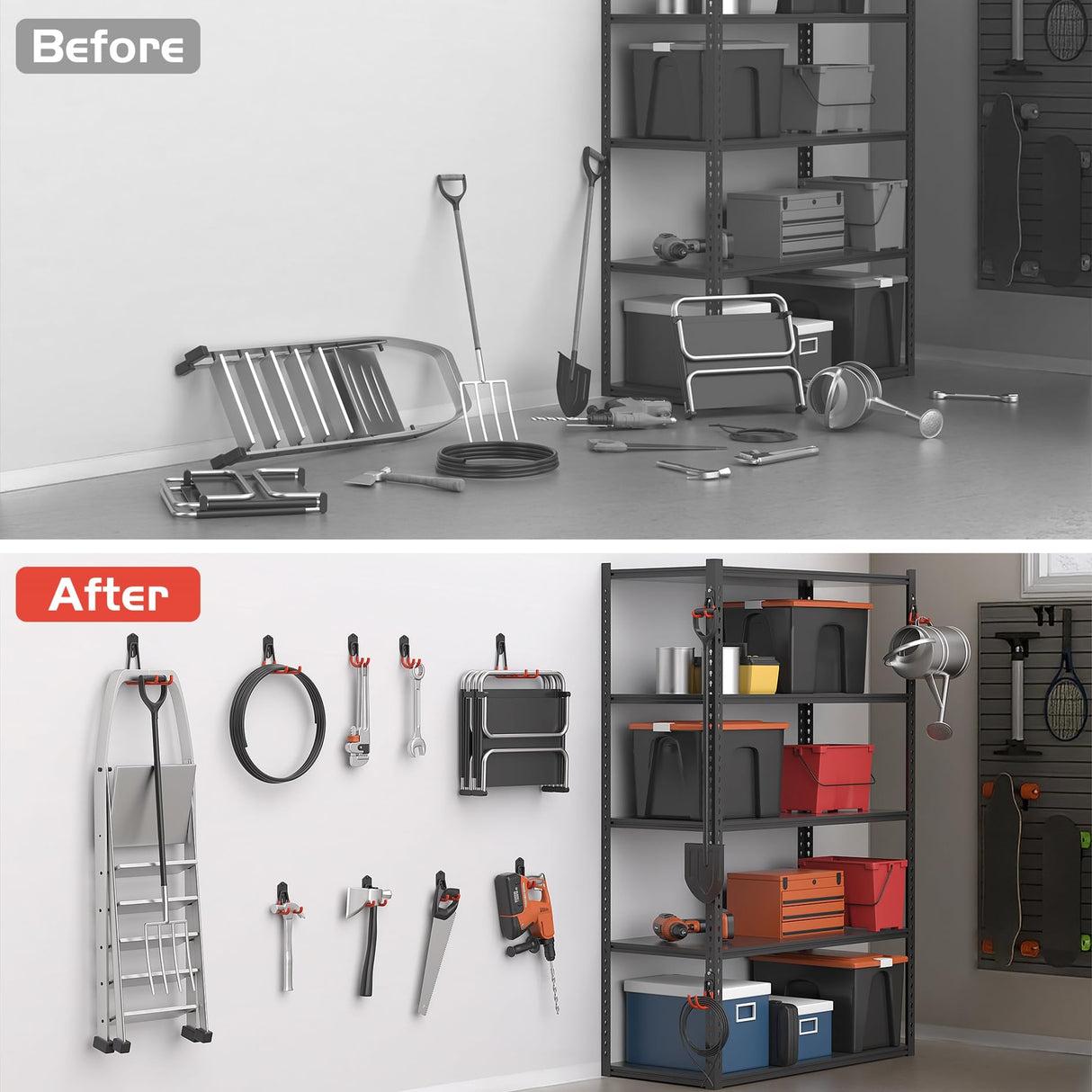 WALMANN 12PCS Garage Storage Hooks, Wall Mount Utility Hooks for Tools, Ladders, Cords, Folding Chairs, Shovels and Rakes, Shelving Hooks for Keyhole WALMANN