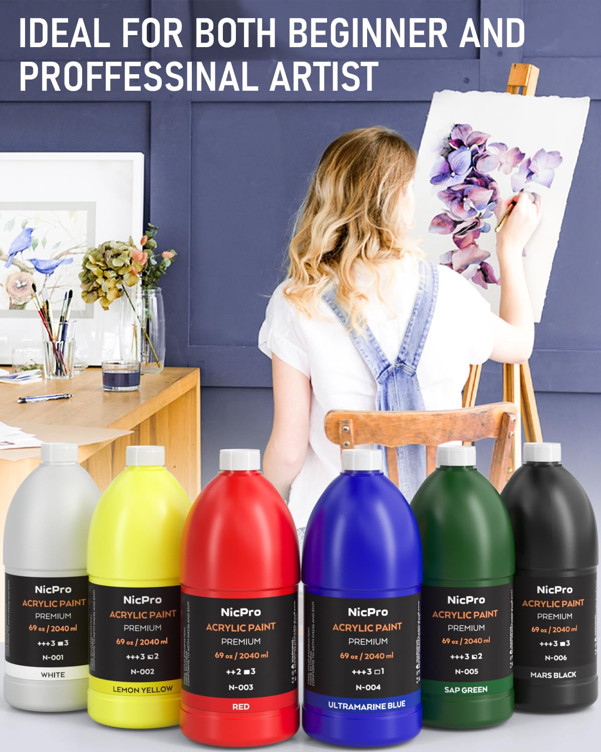 Nicpro 6 Colors Large Bulk Acrylic Paint Set (69 oz, 2040ml) Rich Art Painting Supplies Non Toxic for Multi Surface, Canvas, Wood, Leather, Fabric Nicpro