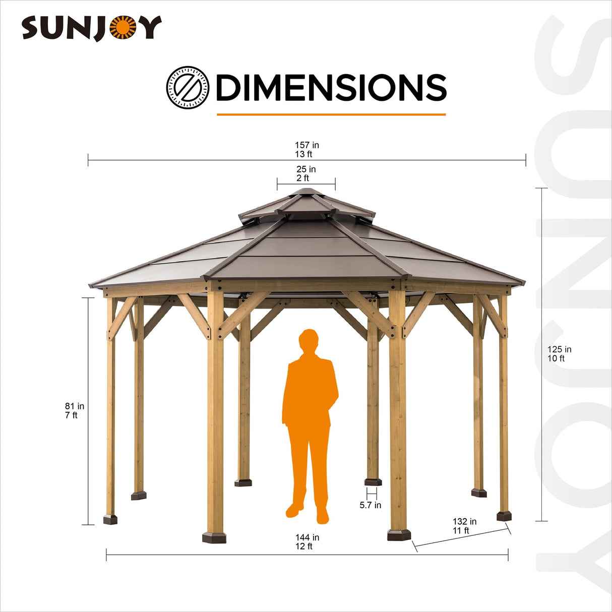 Sunjoy Ion Collection 13 x 13 ft. Cedar Framed Octagon Wood Gazebo with Brown Double Tiered Steel Hardtop Roof and Ceiling Hook for Garden, Backyard Sunjoy