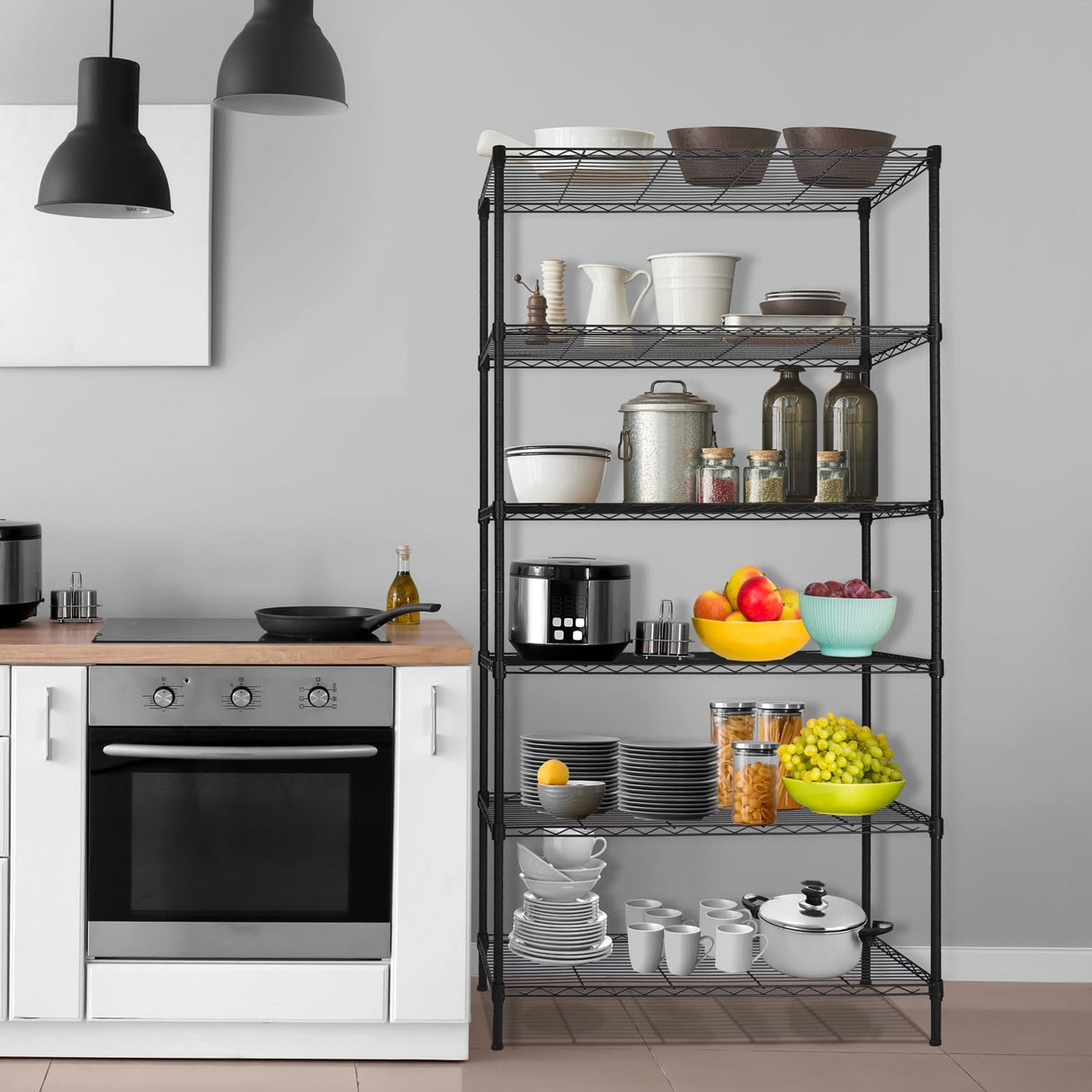 6-Shelf Adjustable Heavy Duty Storage Shelving Unit, Metal Organizer Wire Rack for Laundry Bathroom Kitchen Pantry Closet No Wheels, Black Soywey