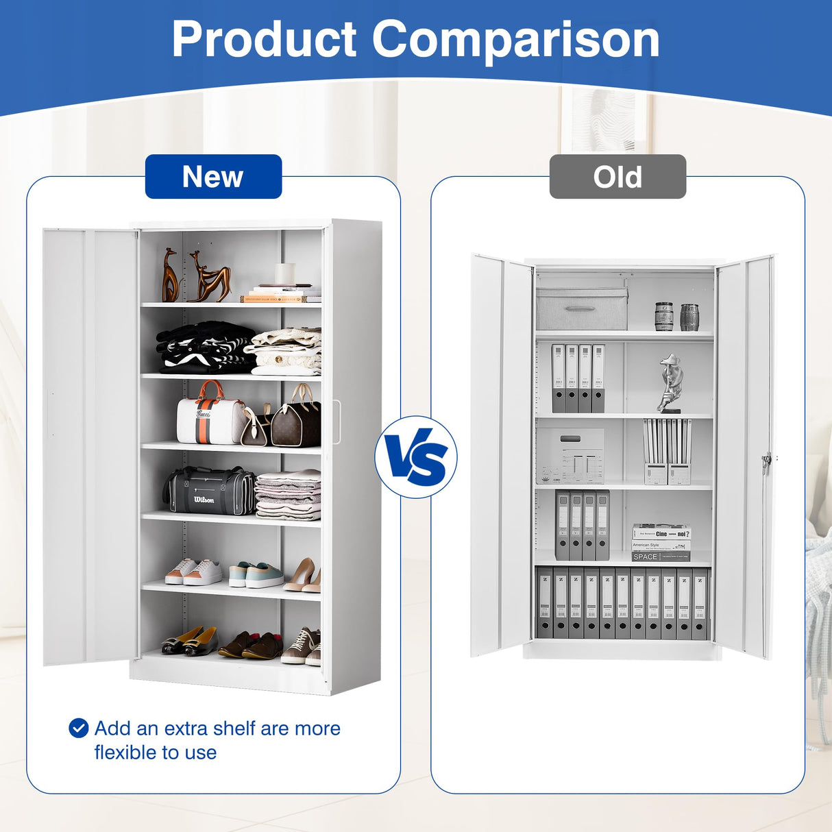 BYNSOE Metal Storage Cabinet with 5 Adjustable Shelves and Lock Metal Garage Cabinets with Locking Door, Steel Classic Storage Cabinet for Home, BYNSOE