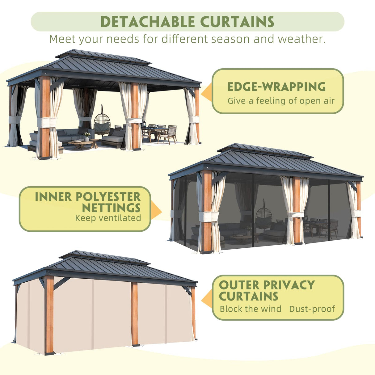 MELLCOM Gazebo 12' x 20', Wooden Finish Coated Thicker Aluminum Frame Gazebo with Galvanized Steel Roof, Outdoor Patio Gazebos with Curtains and MELLCOM