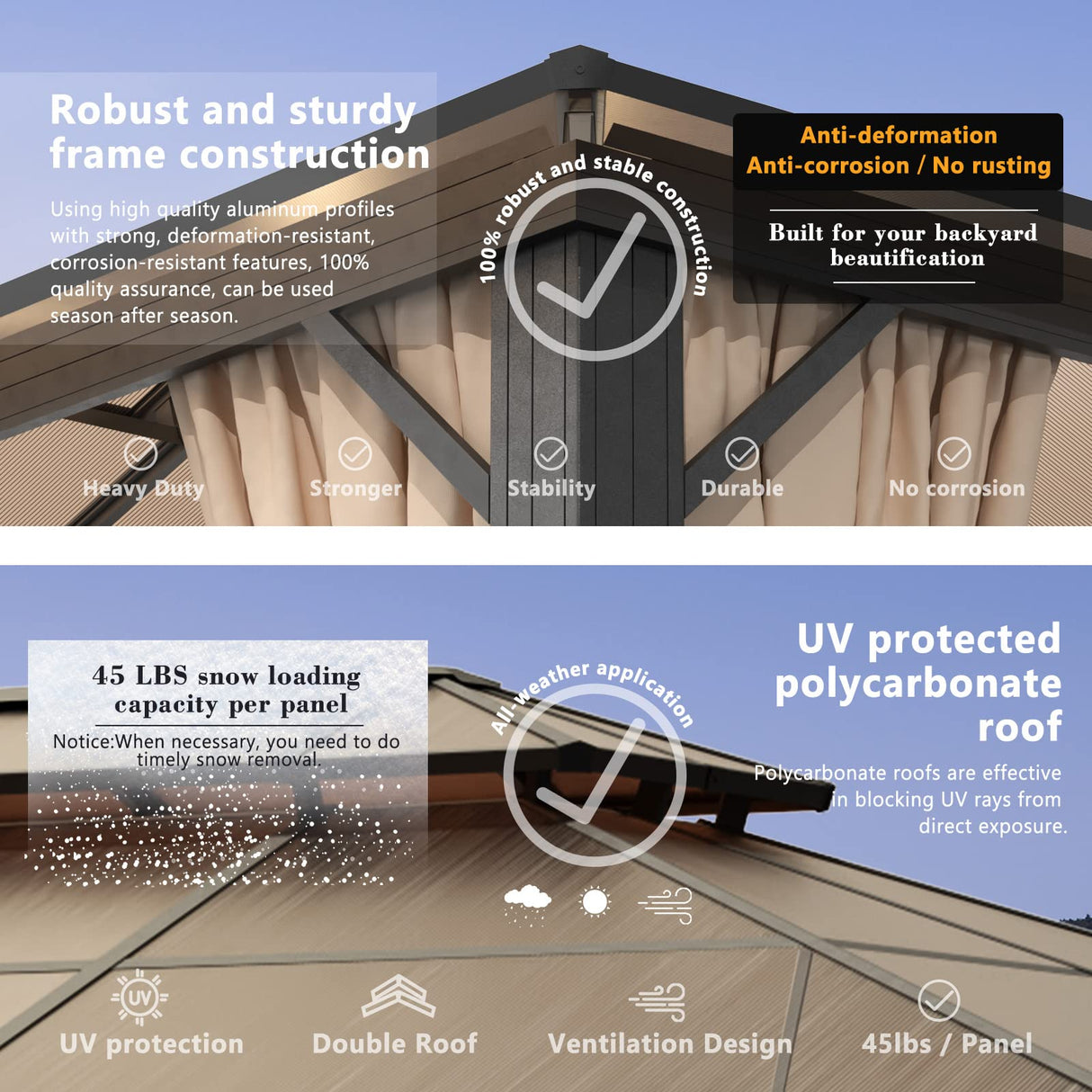 Jolydale 10'x12' Hardtop Gazebo, Double Roof Gazebo, Aluminum Frame Permanent Pavilion with Netting and Curtains, Outdoor Polycarbonate Gazebo, for Jolydale