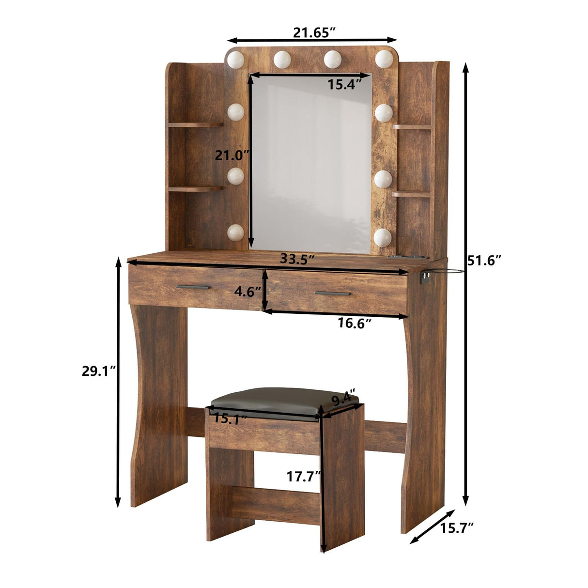 Vanity Desk with Lights,Makeup Vanity with Power Strip,Dressing Table Set with 2 Large Drawers,Vanity Mirror 3 Lighting Color Adjustable,Rustic Brown Vabches