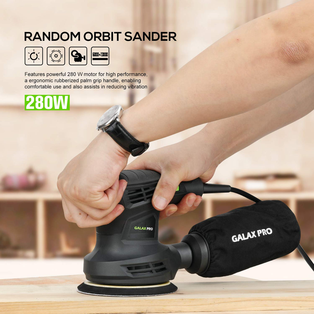 GALAX PRO 280W 13000OPM Max 6 Variable Speeds Orbital Sander with 15Pcs Sanding Discs, 5” electric Sander with Dust Collector for Sanding and GALAX PRO