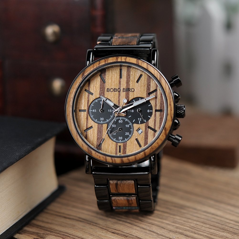 BOBO BIRD Mens Personalized Engraved Wooden Watche, Stylish Wood & Stainless Steel Combined Quartz Casual Wristwatches for Men Family Friends BOBO BIRD