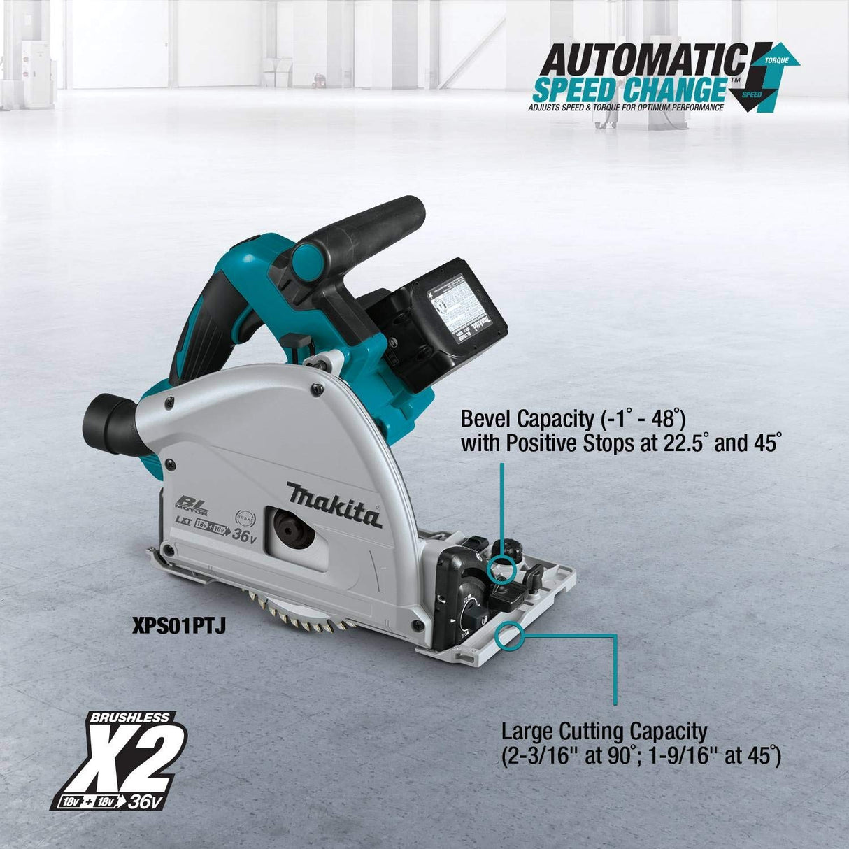 Makita XPS01PTJ 18-Volt X2 LXT Lithium-Ion (36V) Brushless Cordless 6-1/2 inch Plunge Circular Saw Kit (5.0Ah) with 199140-0 39 inch Guide Rail(Sold Makita