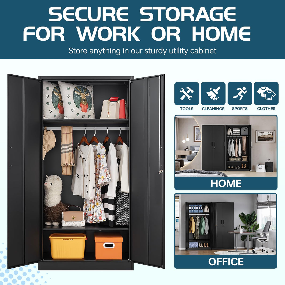 MIIIKO Steel Wardrobe Cabinet for Clothes, 72" Garments Closet Cabinet for Home Office and Bedroom with Shelves and Hanging Rod MIIIKO