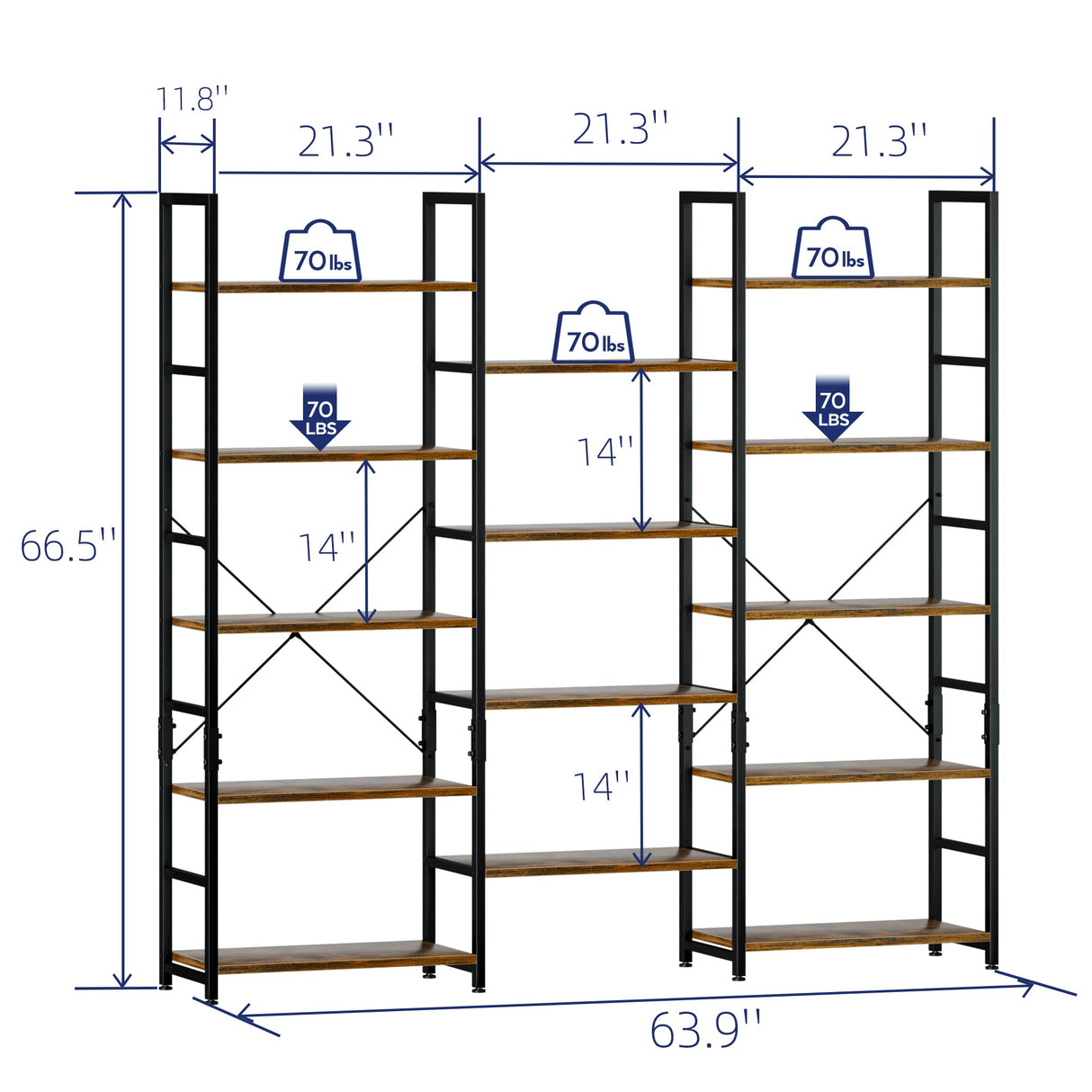 NUMENN Triple Wide 5 Tier Rustic Industrial Bookshelf with 14 Open Display Shelves NUMENN